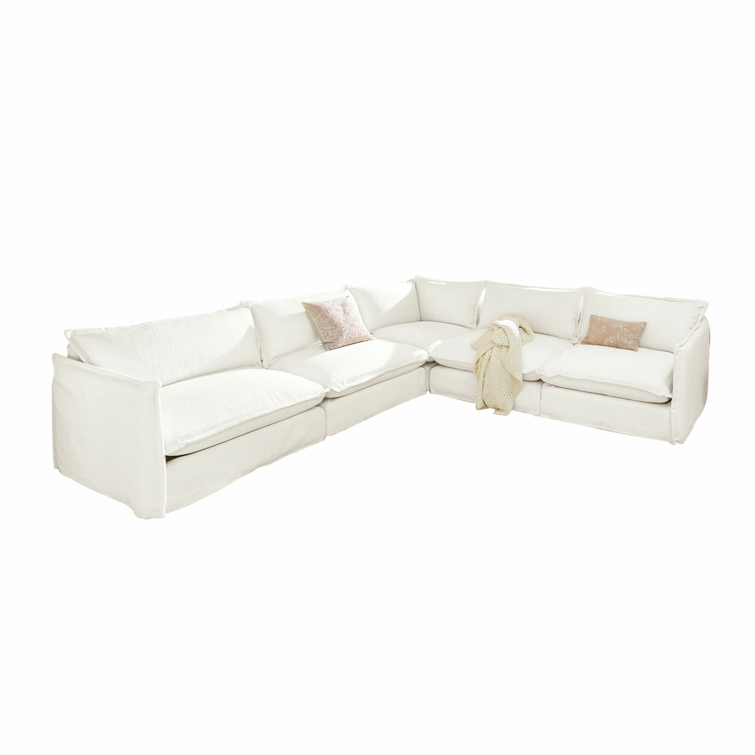 Sofá Illingworth Sofá esquinero grande tapizado en color claro con cojines y manta suave para sala