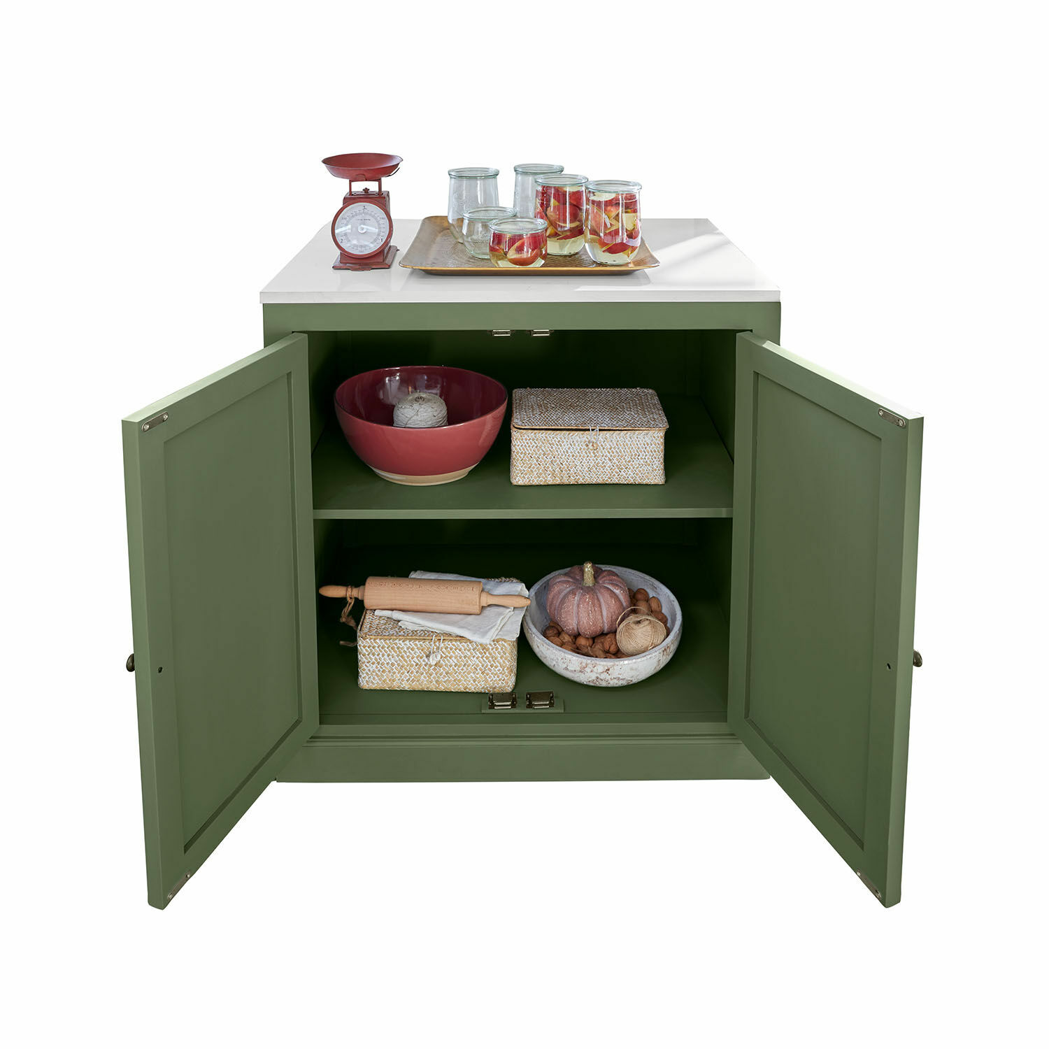 Armario de cocina Lansbury Armario verde con encimera blanca, puertas abiertas, cuenco, cajas y decoración de cocina