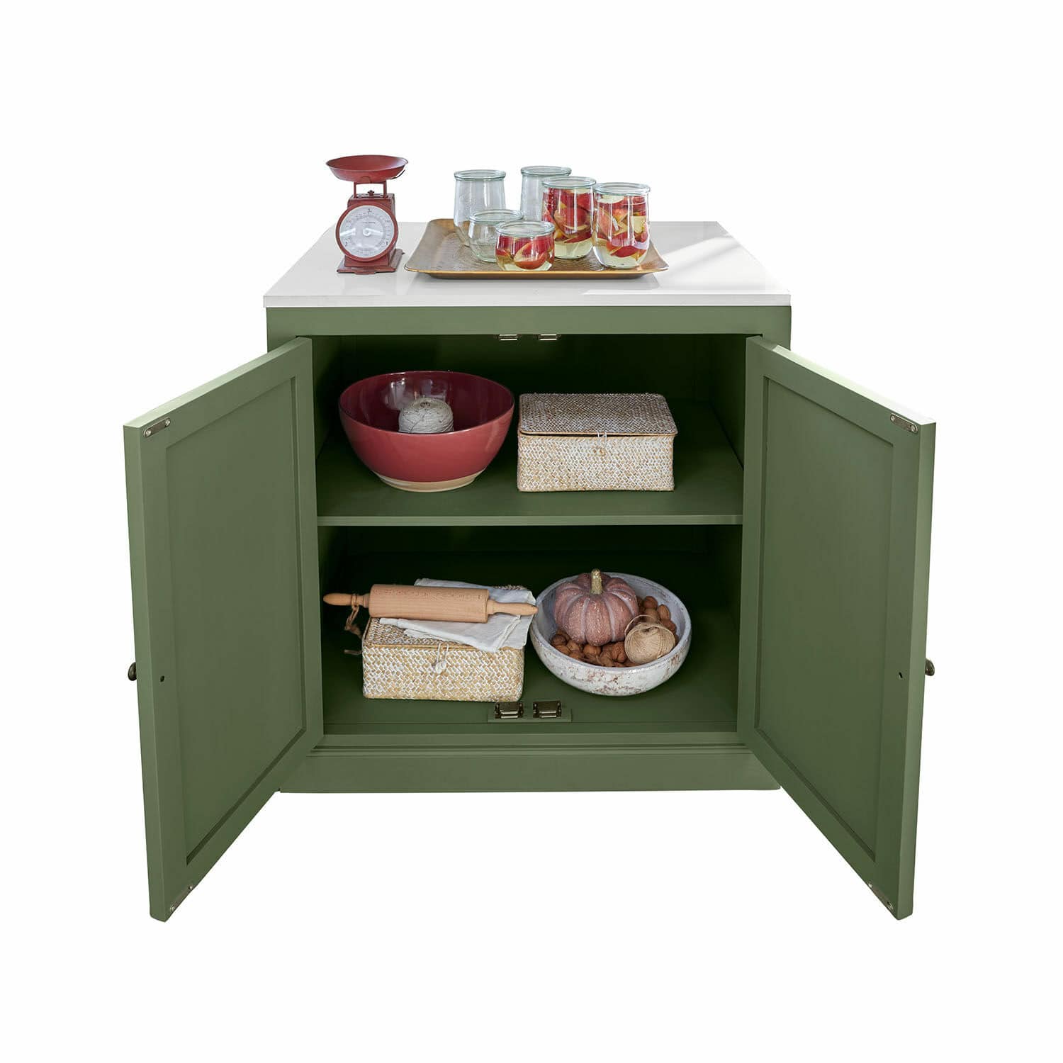 Armario de cocina Lansbury Armario verde con encimera blanca, puertas abiertas, cuenco, cajas y decoración de cocina