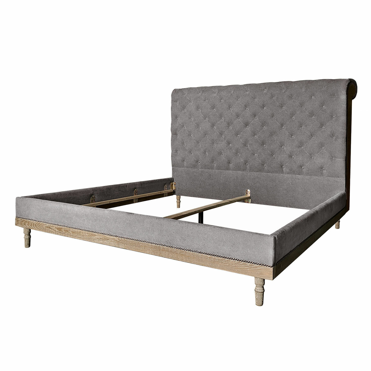 Cama tapizada gris antiguo con cabecero capitoné y estructura de madera natural