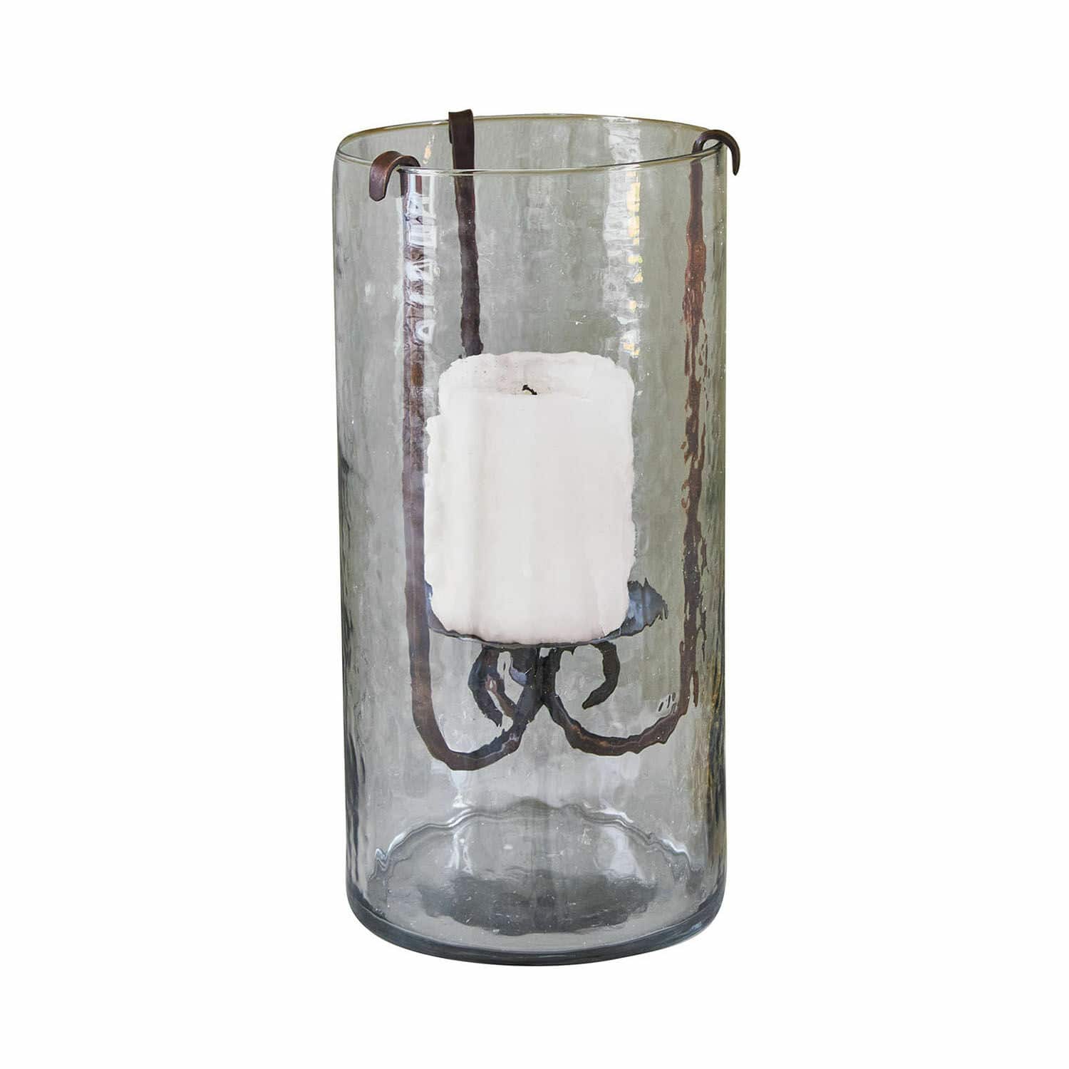 Portavelas Thjora Portavelas de vidrio con soporte metálico y vela blanca, decoración rústica para interiores