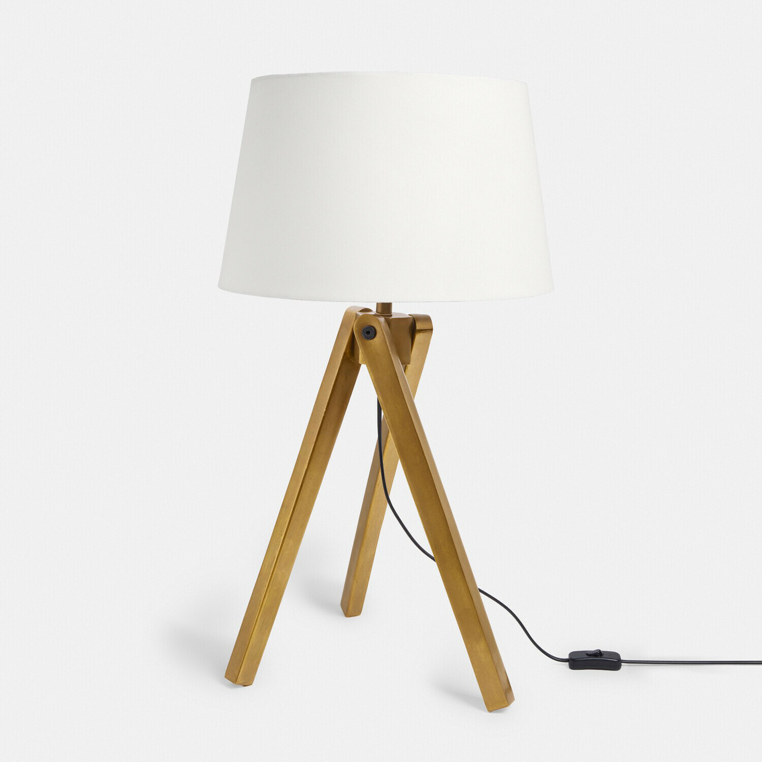 Lámpara de mesa Kelvio Lámpara de mesa con pantalla blanca y base de madera dorada de trípode para salón moderno