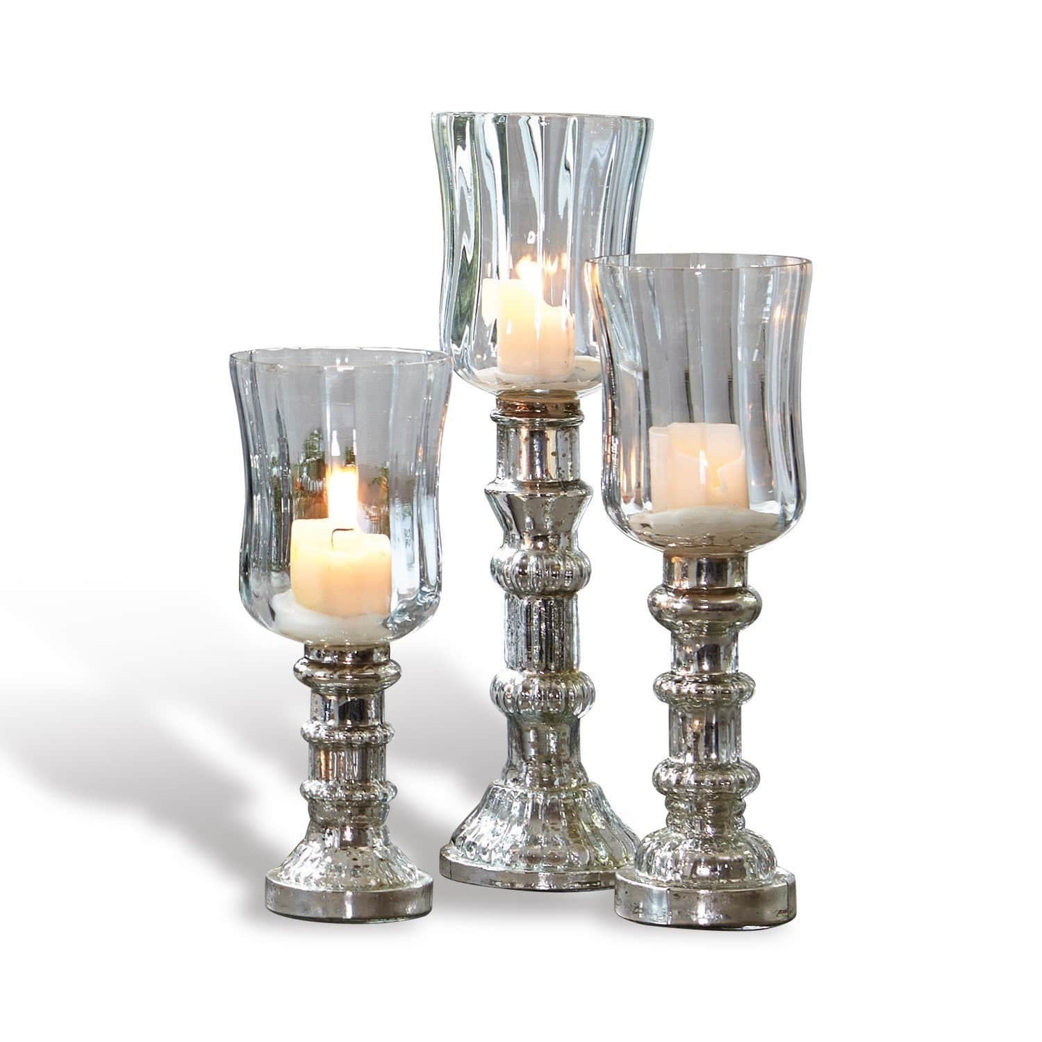 Set de 3 farolillos Fréjeville Conjunto de tres candelabros de vidrio con base metálica plateada para decoración interior
