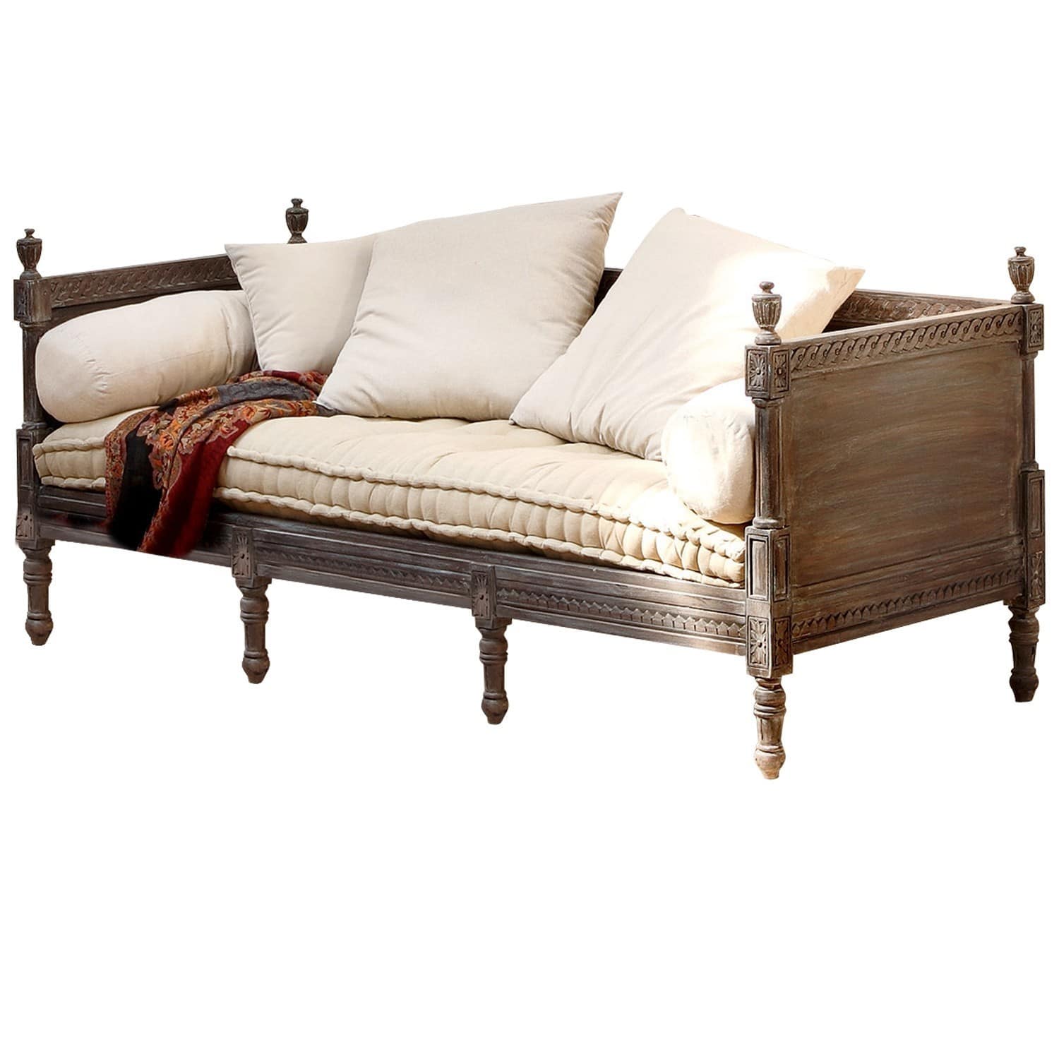 marrón antiguo/crema Sofá Douville con estructura de madera gris marrón, cojines crema y asiento acolchado para sala elegante