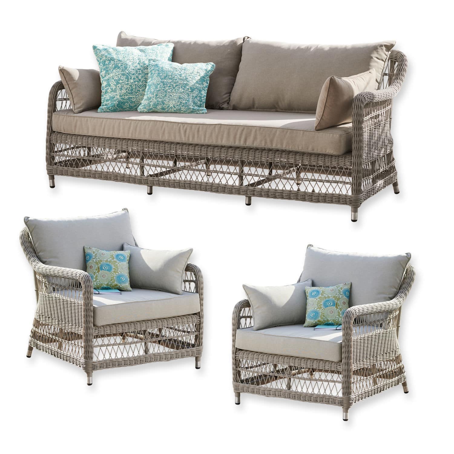 Set de asientos Tanaiste Conjunto de muebles de jardín de ratán gris con cojines beige y cojines decorativos turquesa con estampados