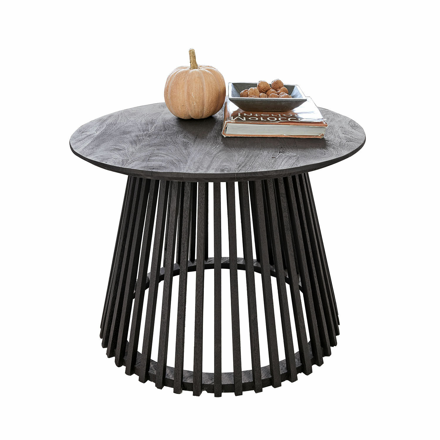Mesa de centro Montaril Mesa de centro redonda de madera negra con decoración de calabaza y libro, mueble moderno para salón