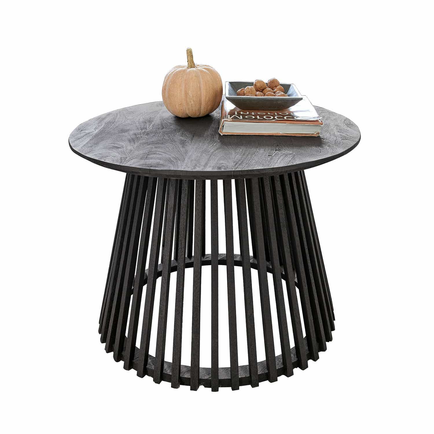 Mesa de centro Montaril Mesa de centro redonda de madera negra con decoración de calabaza y libro, mueble moderno para salón