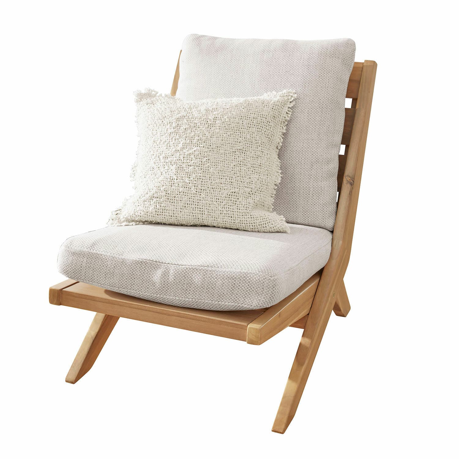 Silla plegable FSC®-100% Montivaux Silla de madera clara con cojín crema y cojín decorativo de tela, mueble para sala de estar
