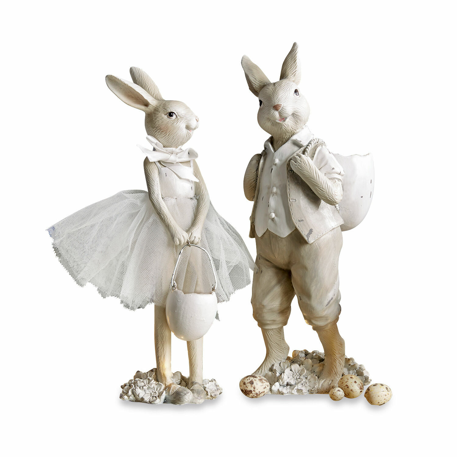 Conejito set de 2 Perpignan Figuras de conejos de resina beige con falda de tul y cesta para huevos de Pascua decorativos