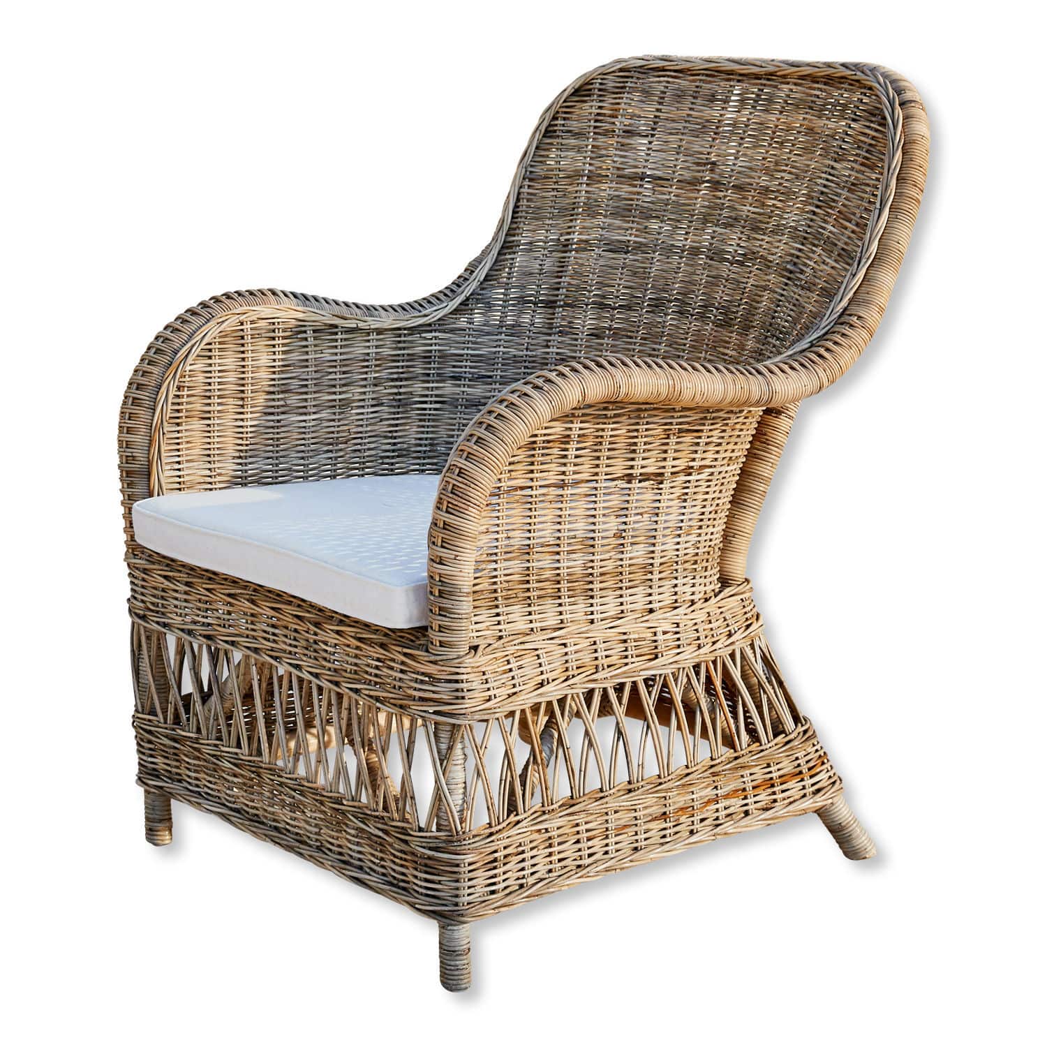Sillón Chandevion Sillón de ratán natural con cojín blanco, ideal para salón y jardín cómodo