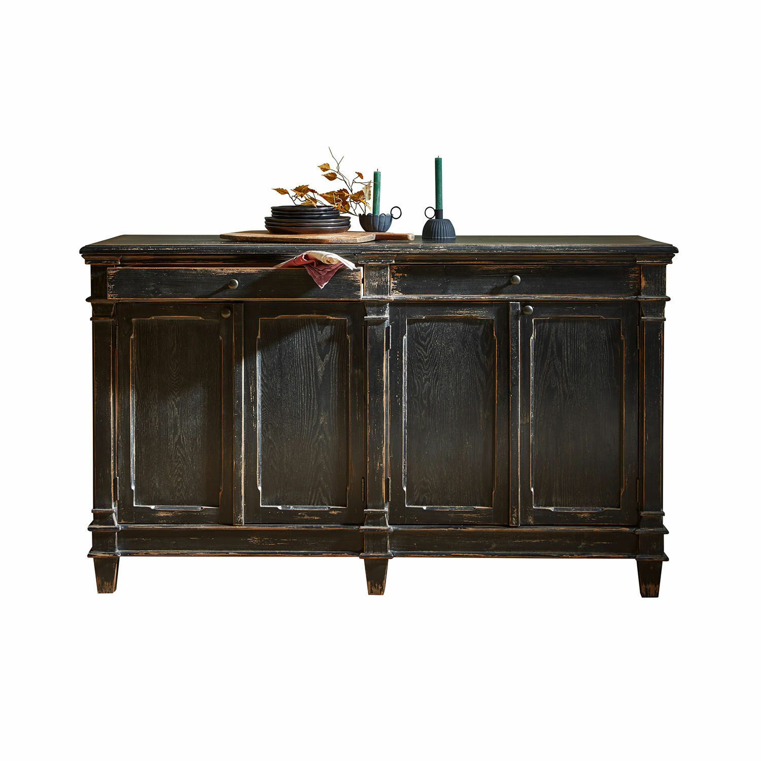 Aparador Chaveline Aparador de madera negra envejecida con cuatro puertas, estilo vintage para salón