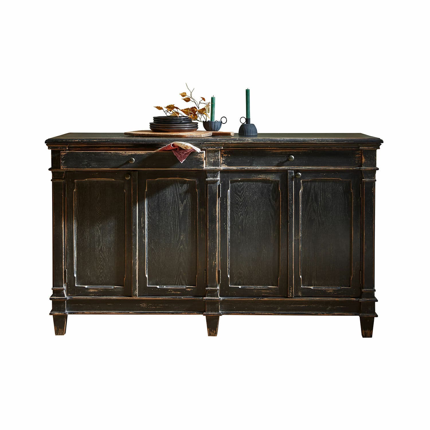 Aparador Chaveline Aparador de madera negra envejecida con cuatro puertas, estilo vintage para salón