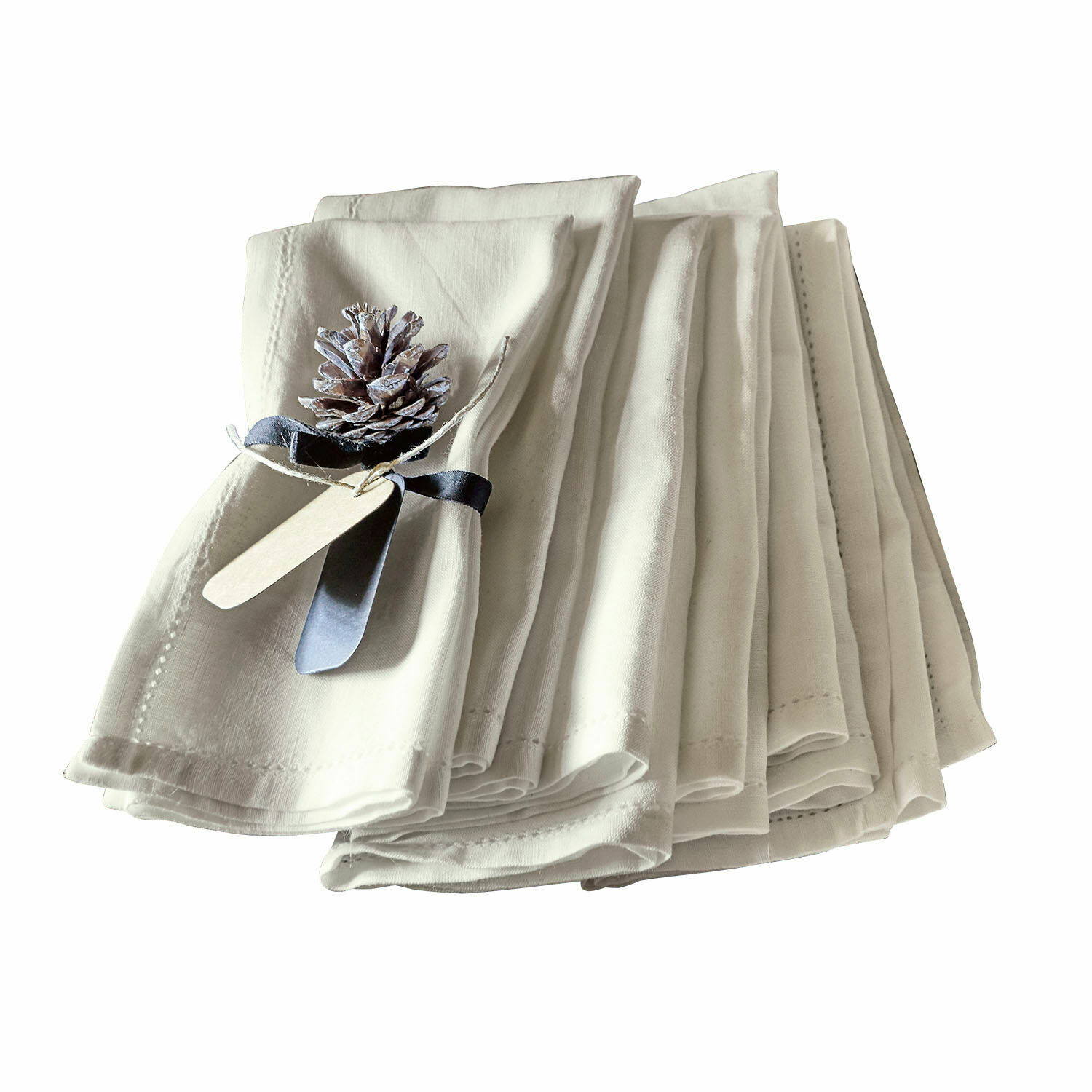 Set de 6 servilletas de lino blancas Fibi con decoración de piña y lazo para mesa