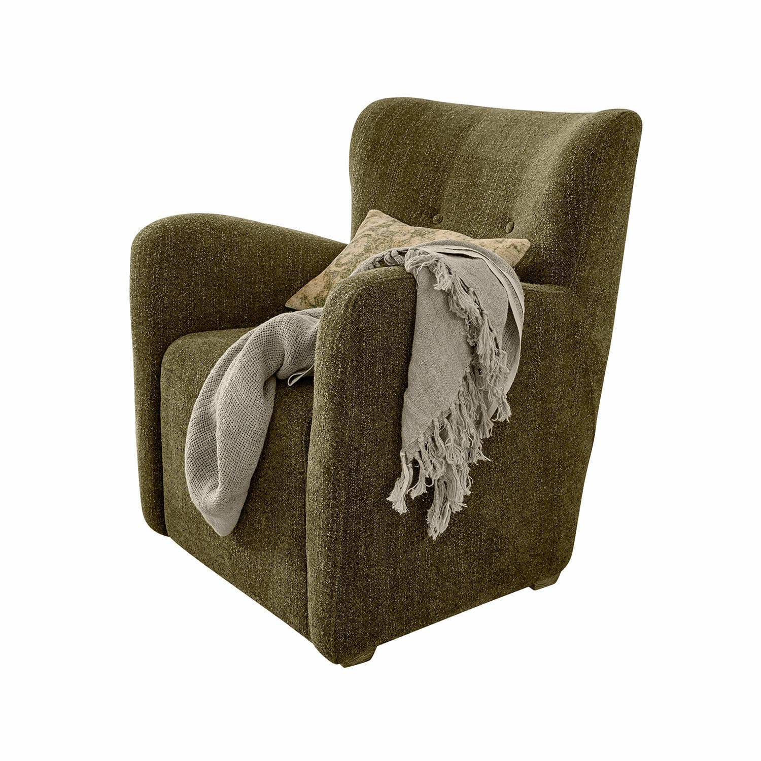 Sillón verde tapizado en tela suave con manta gris sobre el reposabrazos para sala
