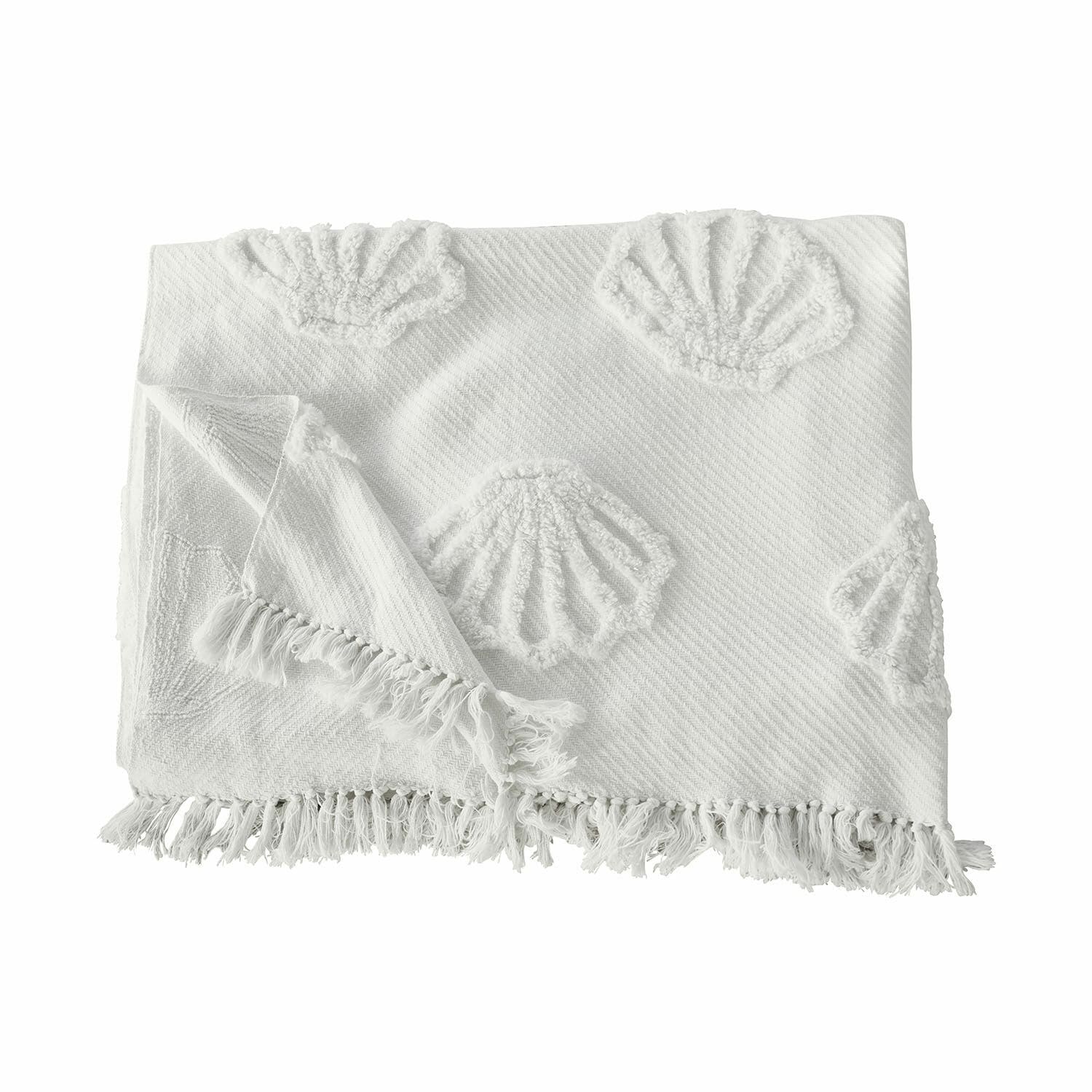 Plaid Saroufa Manta blanca de algodón con conchas decorativas y flecos, textil suave y decorativo para el hogar