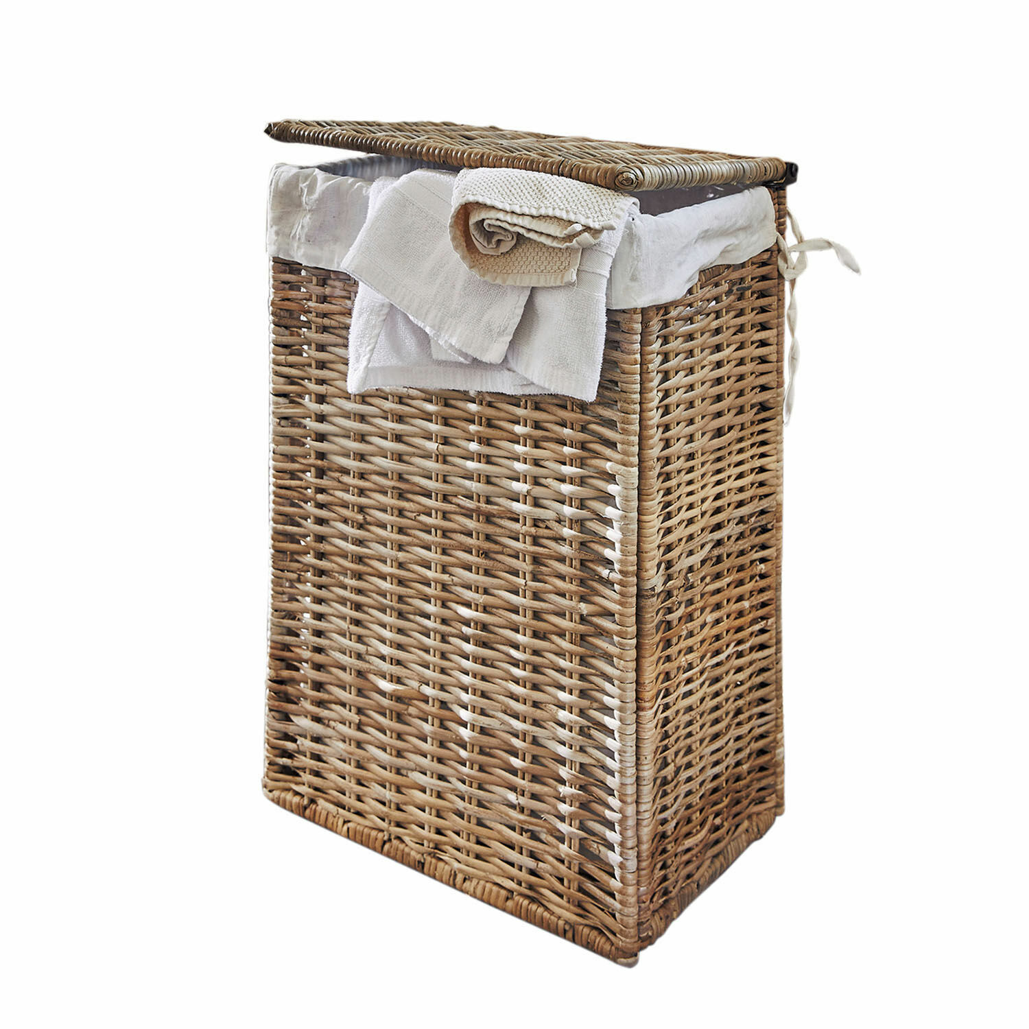 Cesto para ropa Marsac Cesto de ropa de ratán natural con forro blanco y toallas, almacenamiento práctico para baño