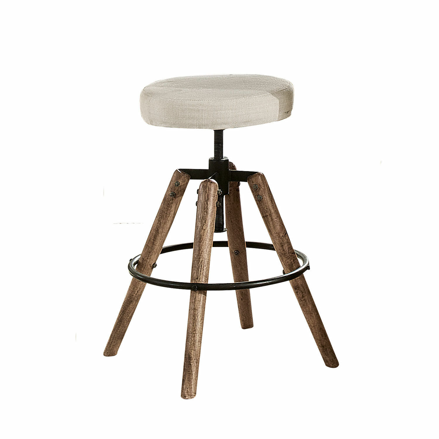 blanco/marrón Taburete Twist con patas de madera y asiento tapizado blanco, diseño industrial moderno