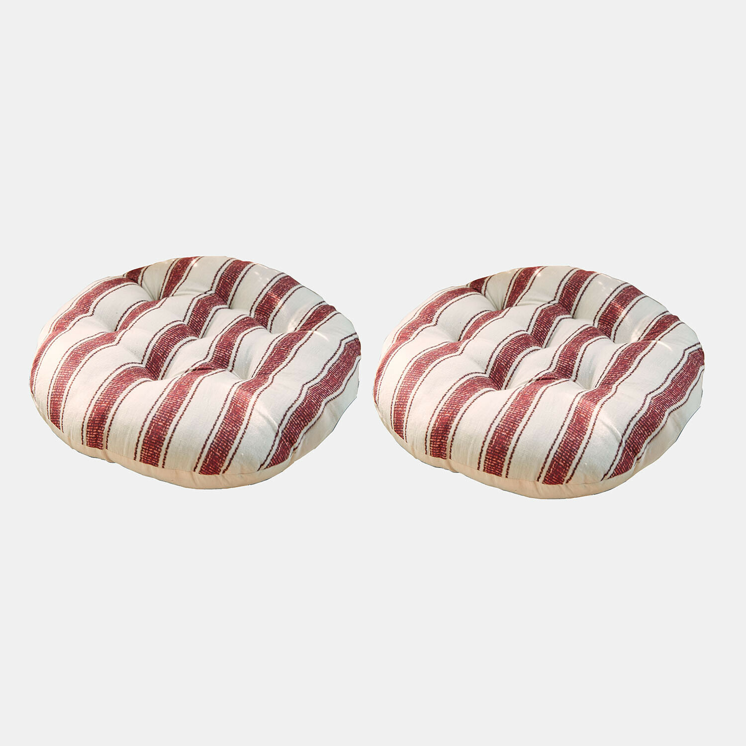 Dos cojines redondos de algodón con rayas crema y rojo, asientos cómodos para sillas de interior