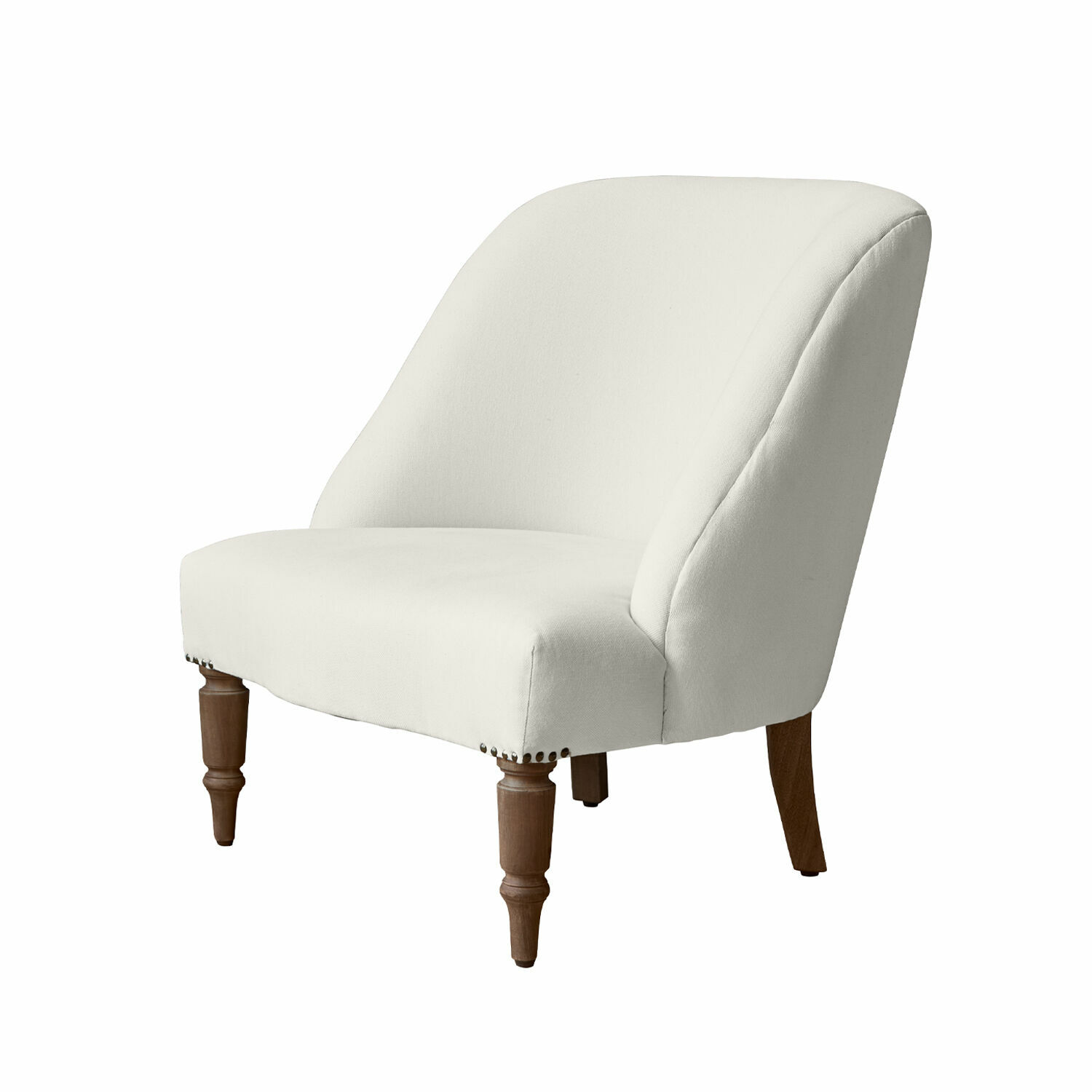 blanco Sillón Maplewood blanco tapizado con patas de madera, mueble elegante para salón