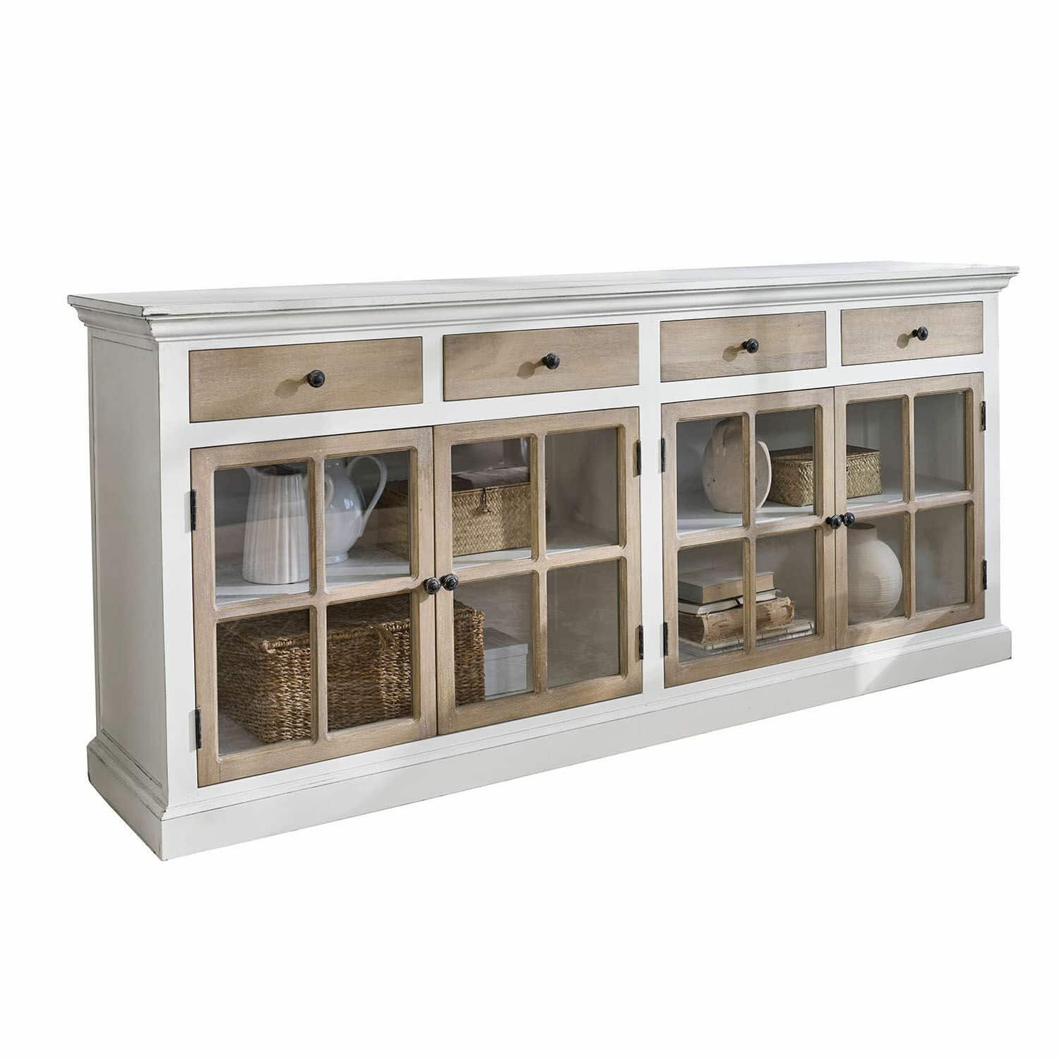 Cómoda Marshwood Aparador de madera blanca con cajones y puertas de cristal en estilo rústico elegante