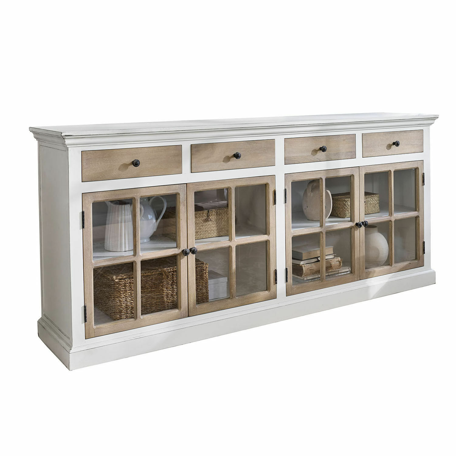 Cómoda Marshwood Aparador de madera blanca con cajones y puertas de cristal en estilo rústico elegante