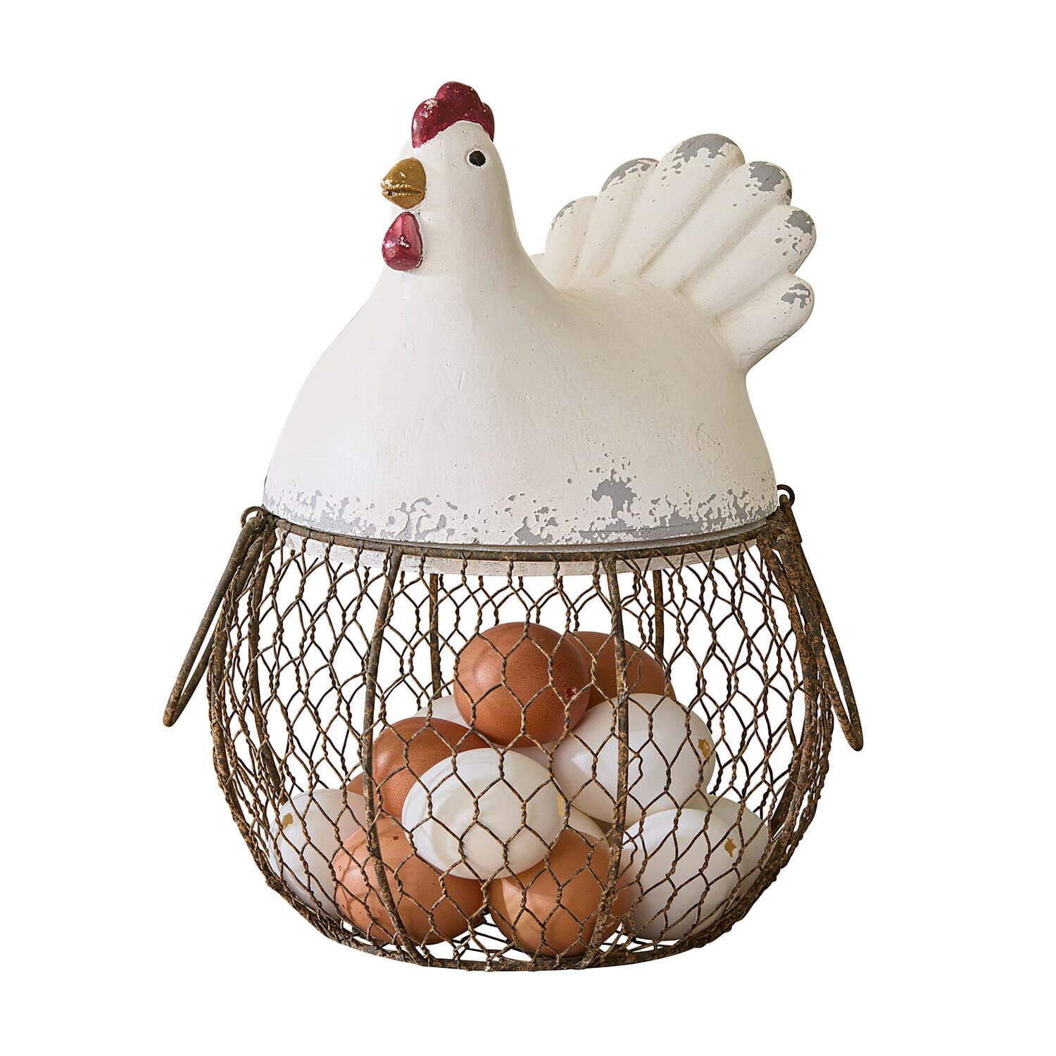 Cesta Chavéreau Cesta metálica para huevos con forma de gallina blanca con cresta roja y efecto oxidado, decoración rústica