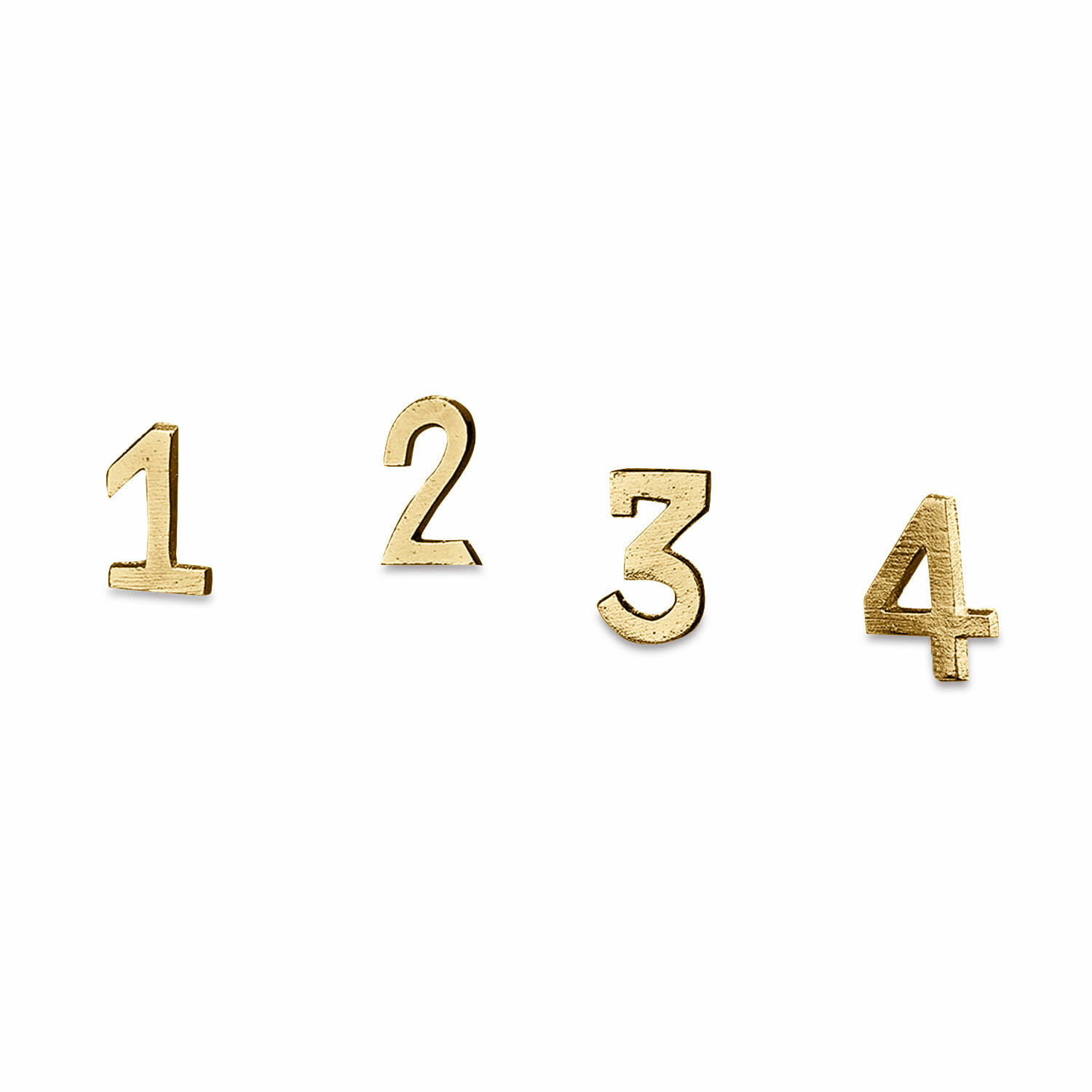 Conjunto de 4 alfileres decorativos dorados con números 1, 2, 3 y 4 sobre fondo blanco