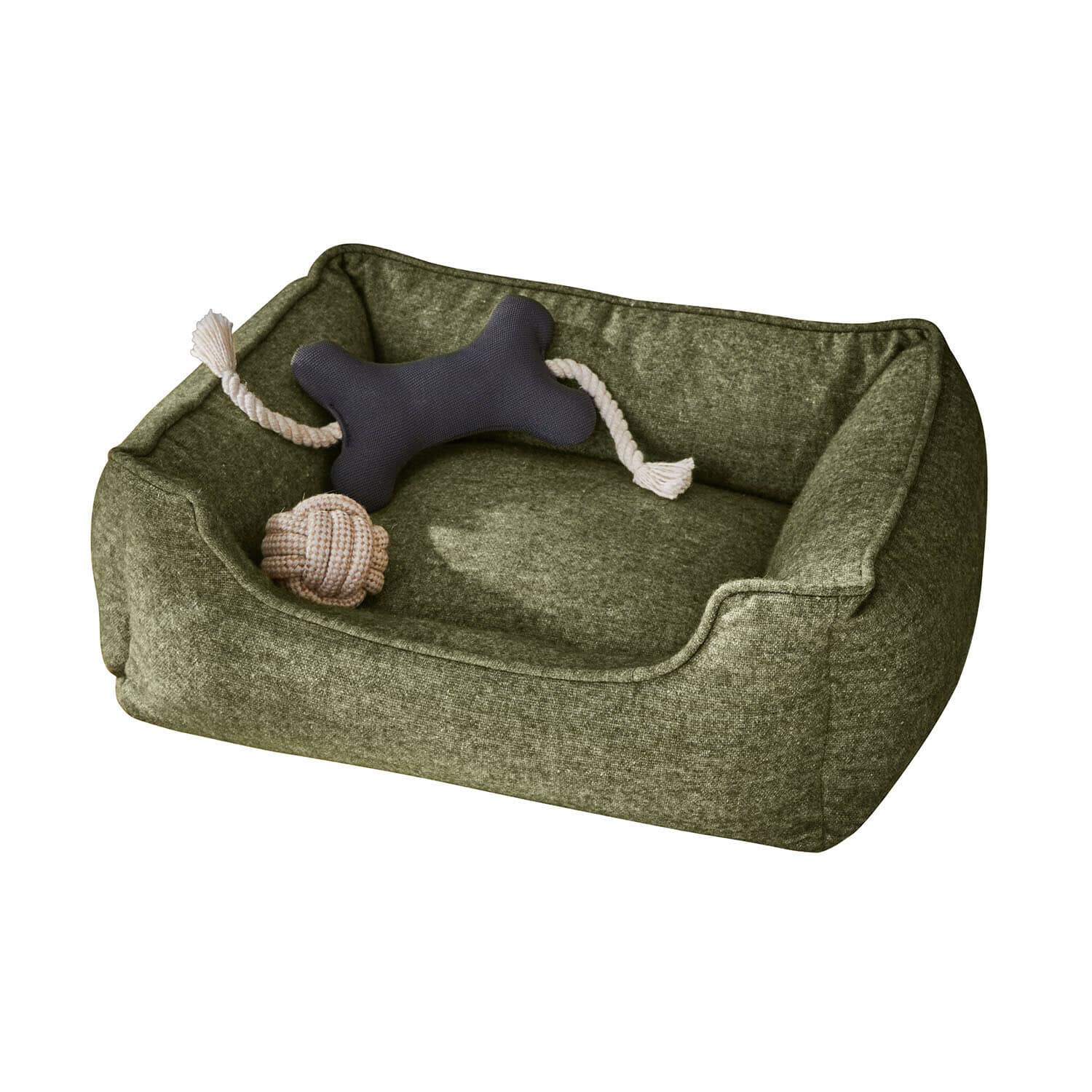 Cama para mascotas Eydora Cama verde suave para perro con juguete hueso negro y cuerda para morder