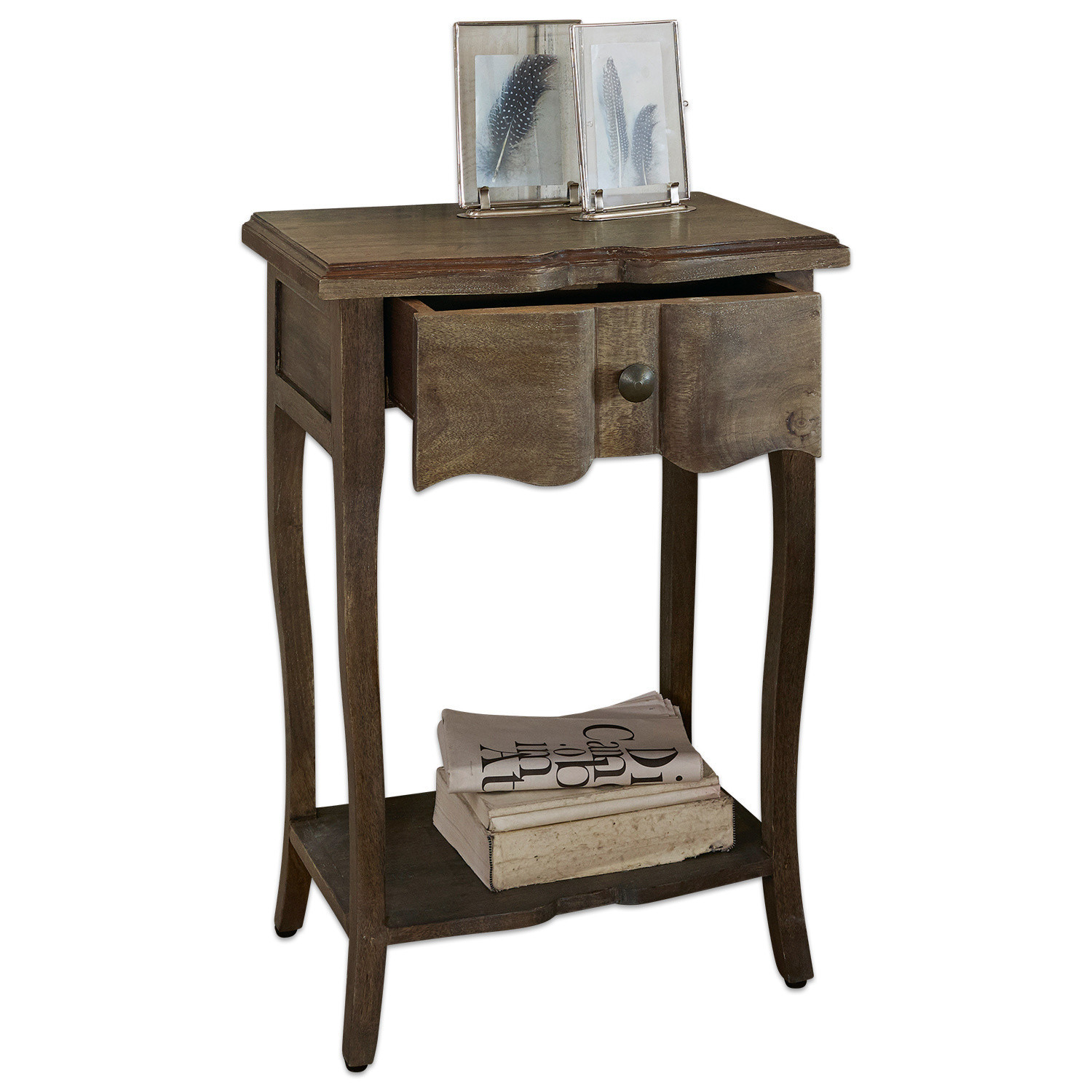 Mesa auxiliar Finstock Mesa auxiliar de madera marrón con cajón y estante, mueble elegante para salón