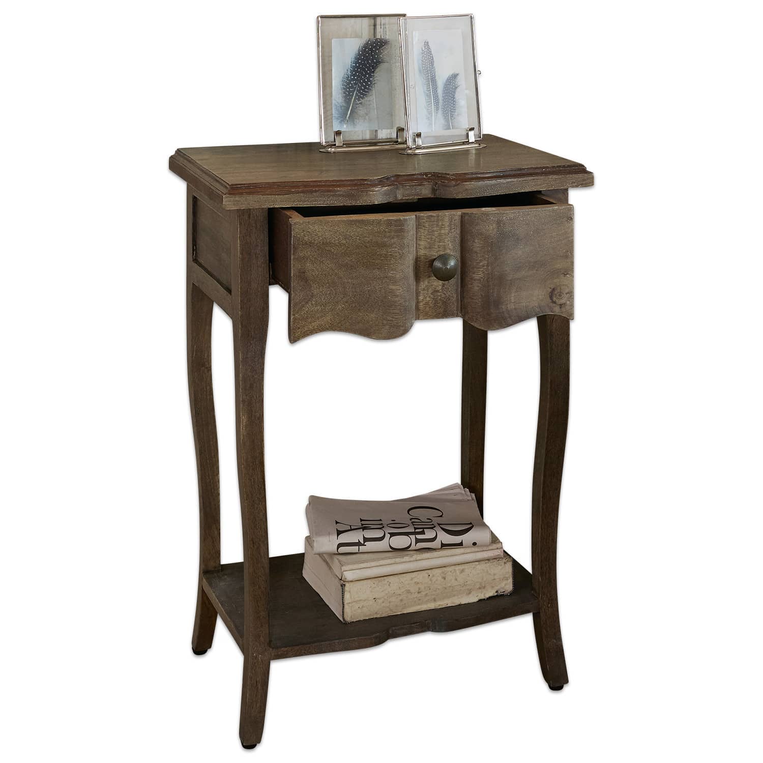 Mesa auxiliar Finstock Mesa auxiliar de madera marrón con cajón y estante, mueble elegante para salón