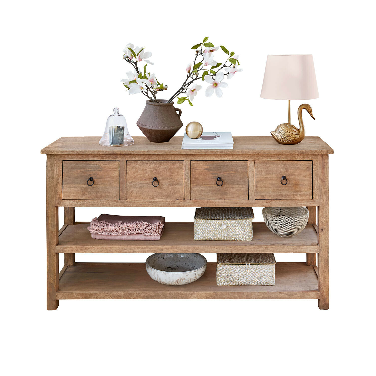 Consola Montavelle Consola de madera con cuatro cajones, lámpara decorativa y jarrón con flores blancas y rosas