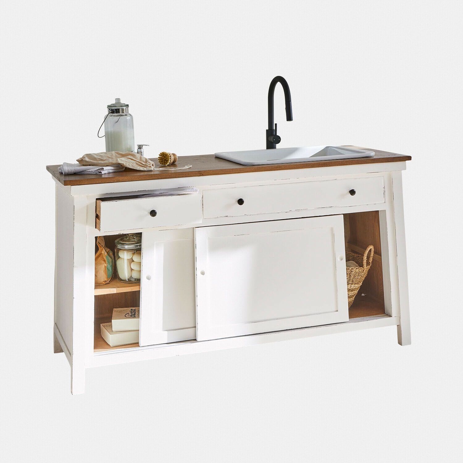 Mueble con lavabo Célaron Mueble blanco de madera con encimera de madera oscura, lavabo cerámico blanco y grifo negro