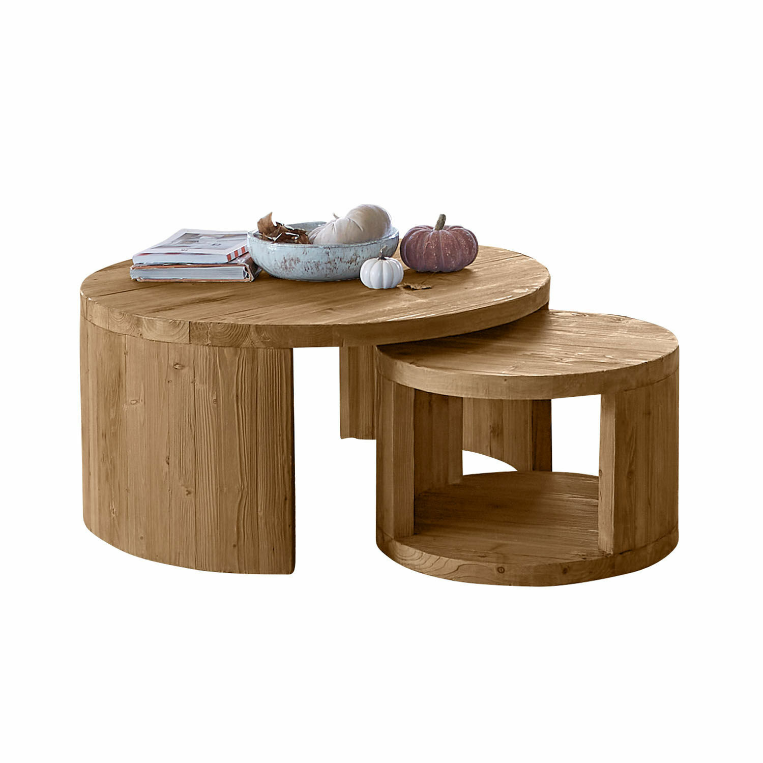 Conjunto de dos mesas de centro redondas de madera en color natural para sala de estar