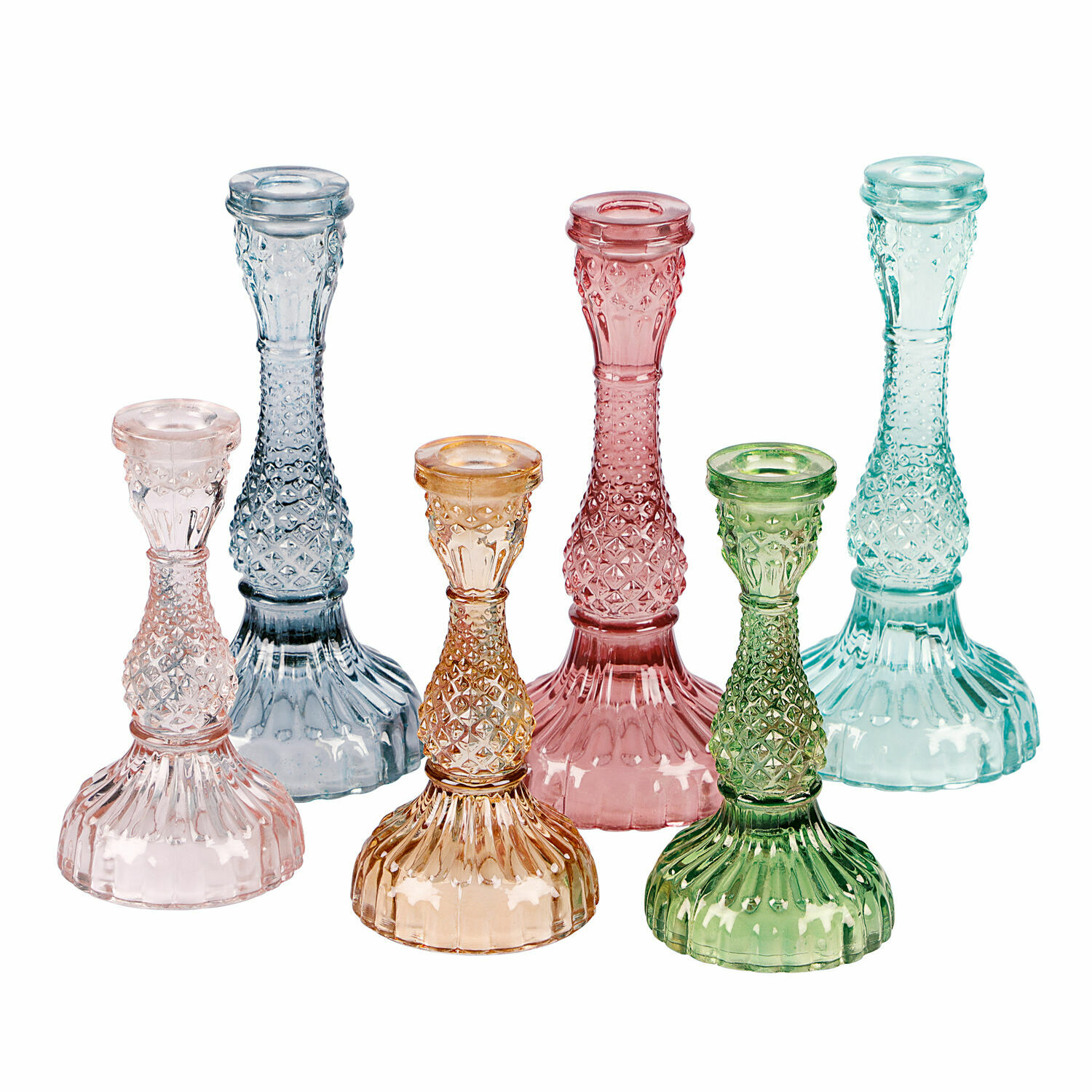 Set de 6 candelabros Moana de vidrio colorido con diseño decorativo, decoración de mesa