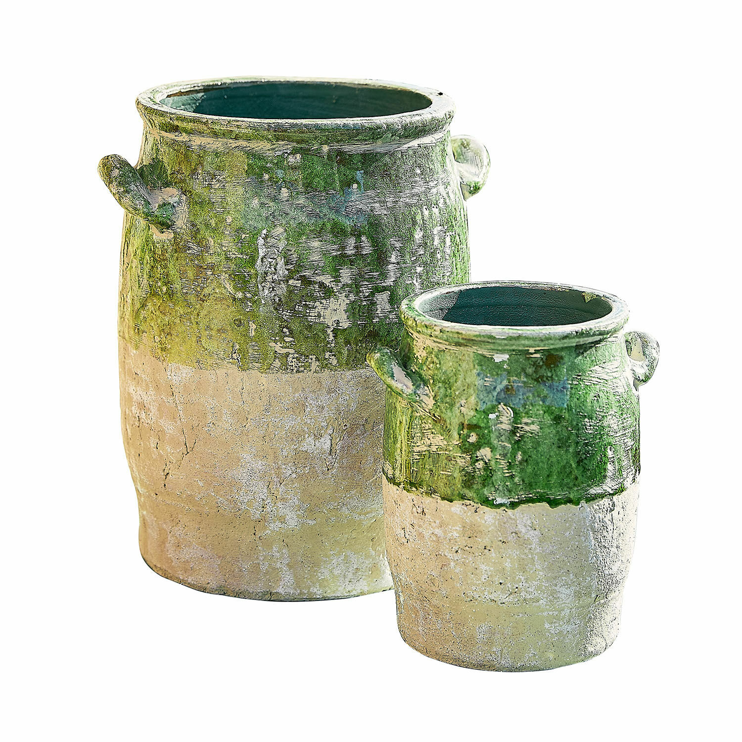 Set de 2 jarrones Reefton Conjunto de dos macetas de cerámica verde y beige con asas, decoración rústica para jardín