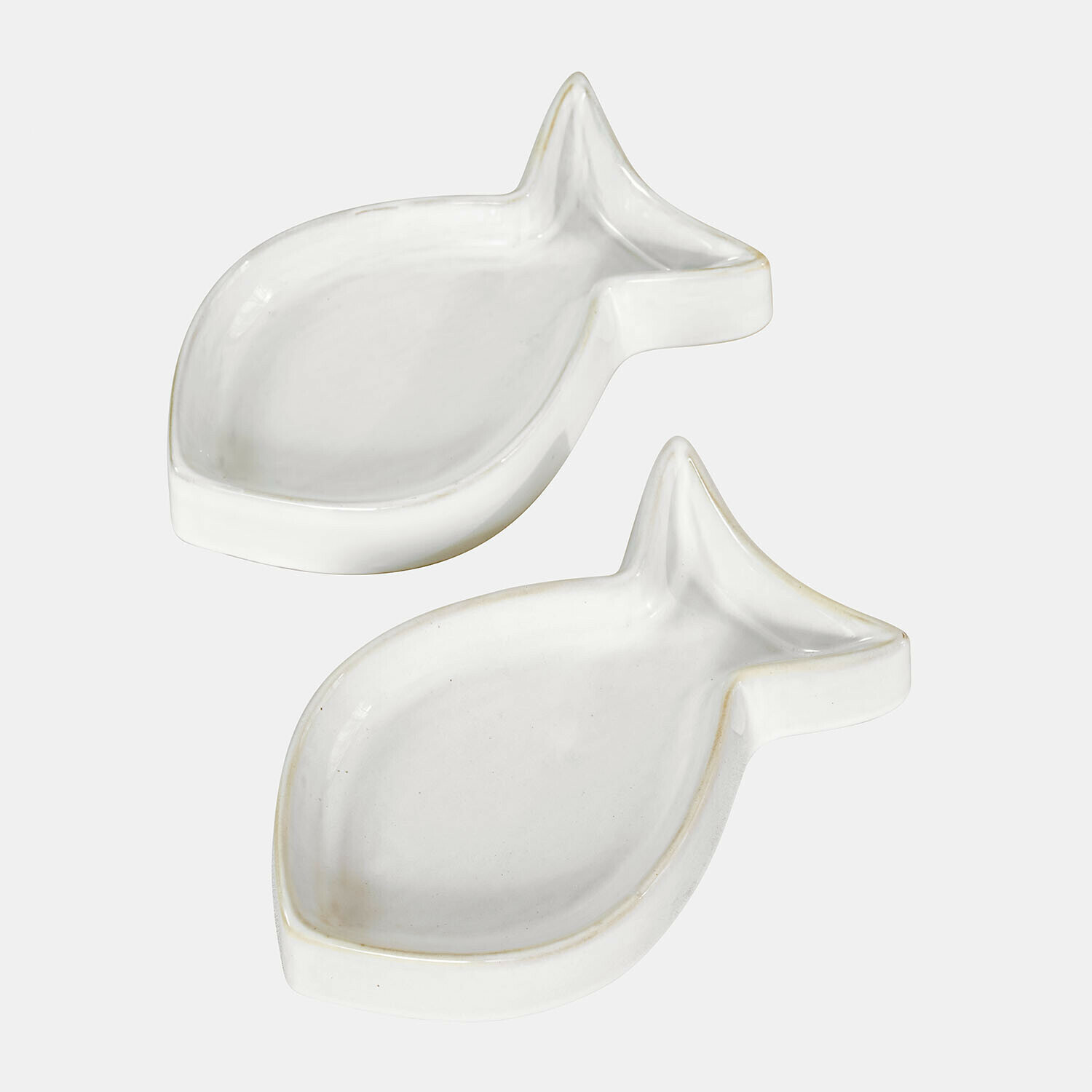 Set de 2 comederos Felluna Dos cuencos blancos de cerámica con forma de pez, ideales para decoración y aperitivos