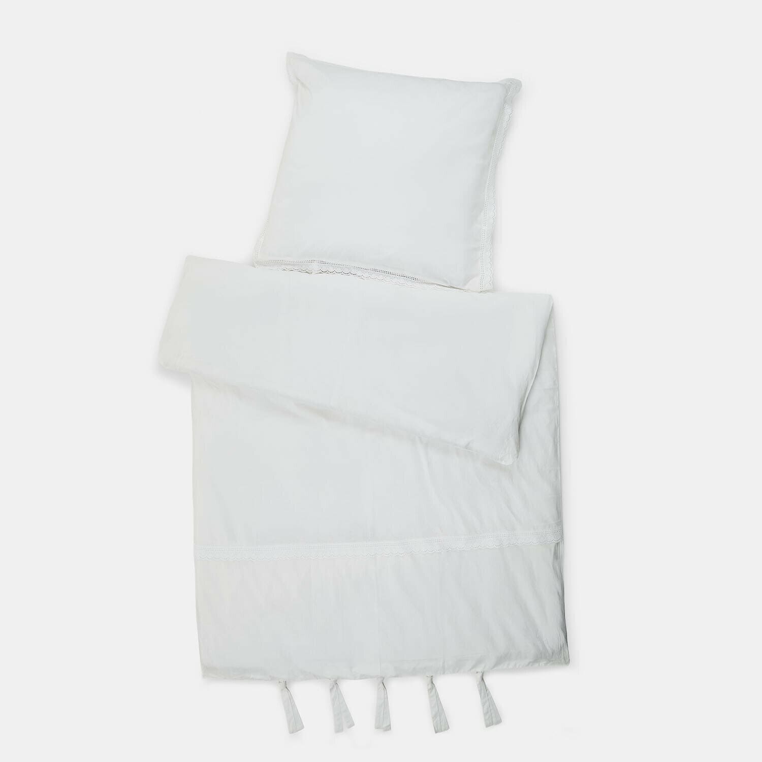 Ropa de cama Lélomiane Ropa de cama blanca de algodón con borde de encaje y borlas decorativas en la parte inferior