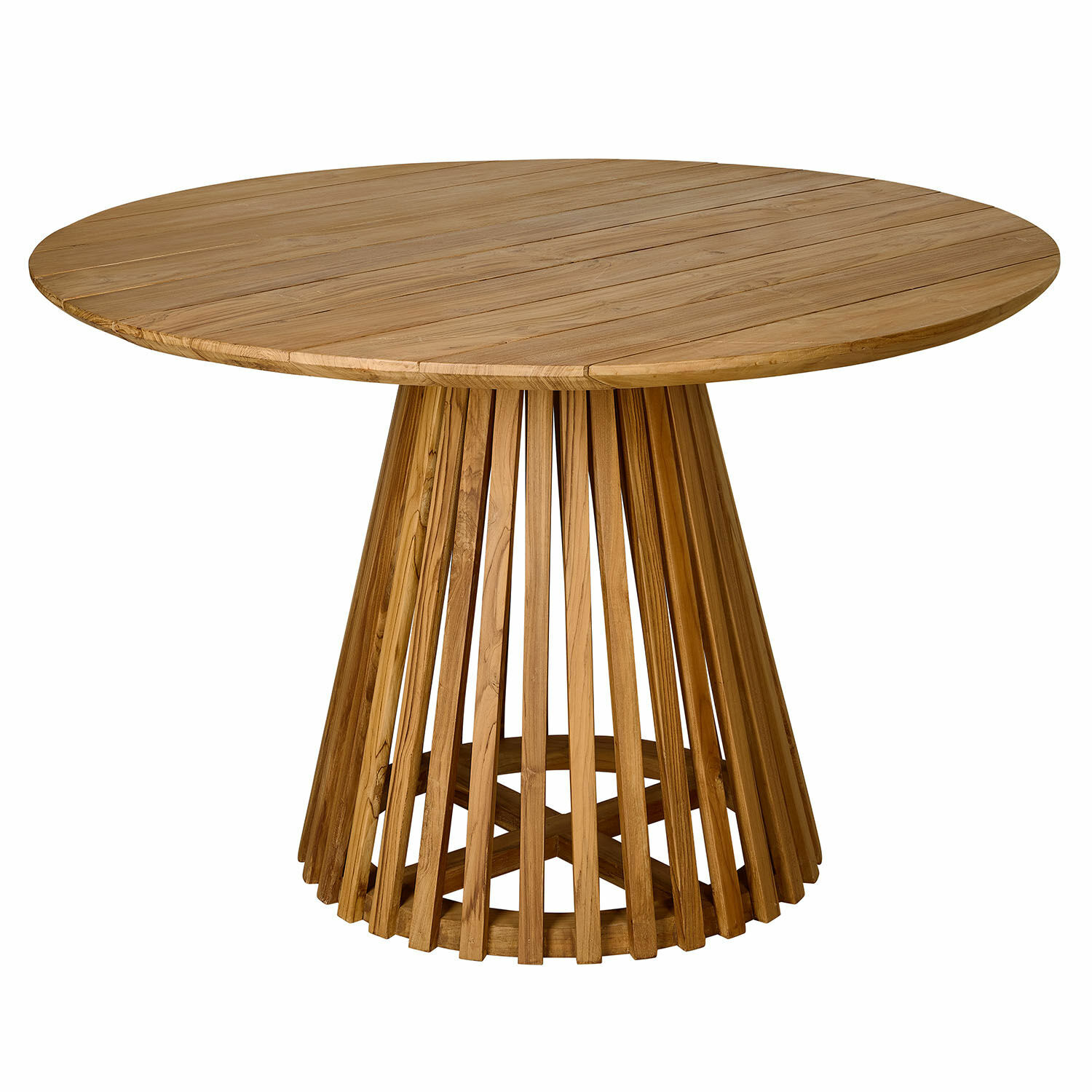 Mesa redonda de madera de teca natural con base de listones de diseño moderno
