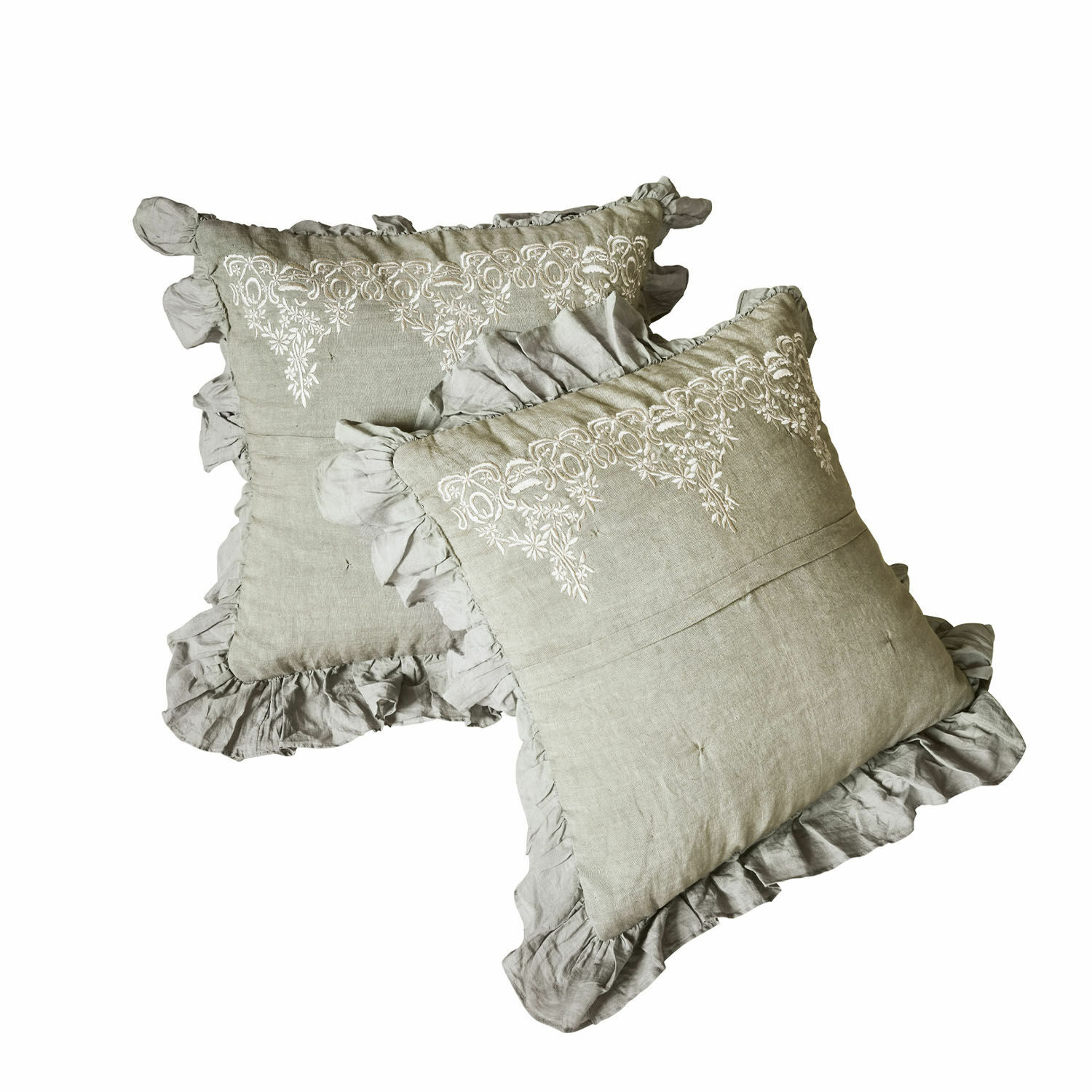 Set de 2 fundas de cojín Therese Conjunto de dos cojines decorativos de lino gris con bordado y volantes elegantes