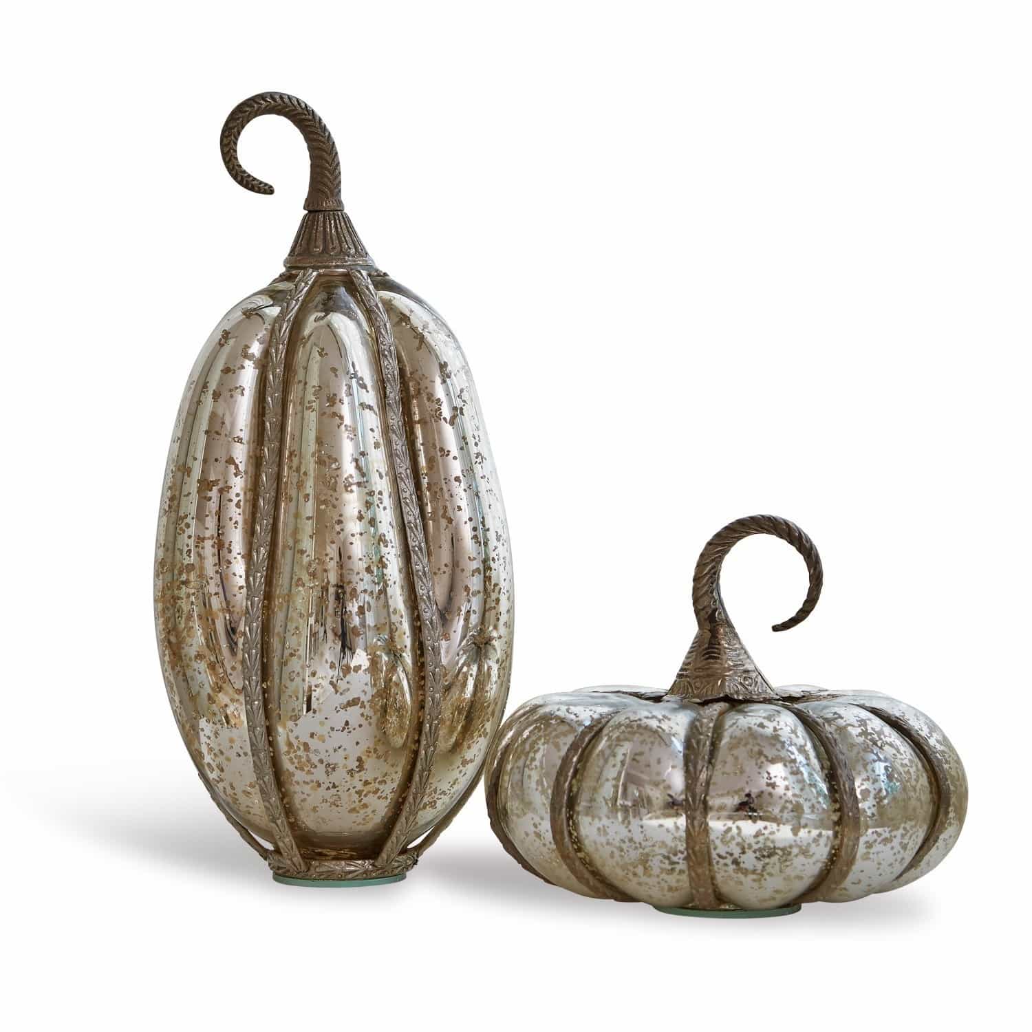 Set de 2 calabazas Kiyo Calabazas decorativas de vidrio y metal plateado con acabado envejecido para decoración otoñal