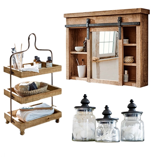 Conjunto de baño de madera con espejo, estante, toallero y frascos de vidrio para cosméticos