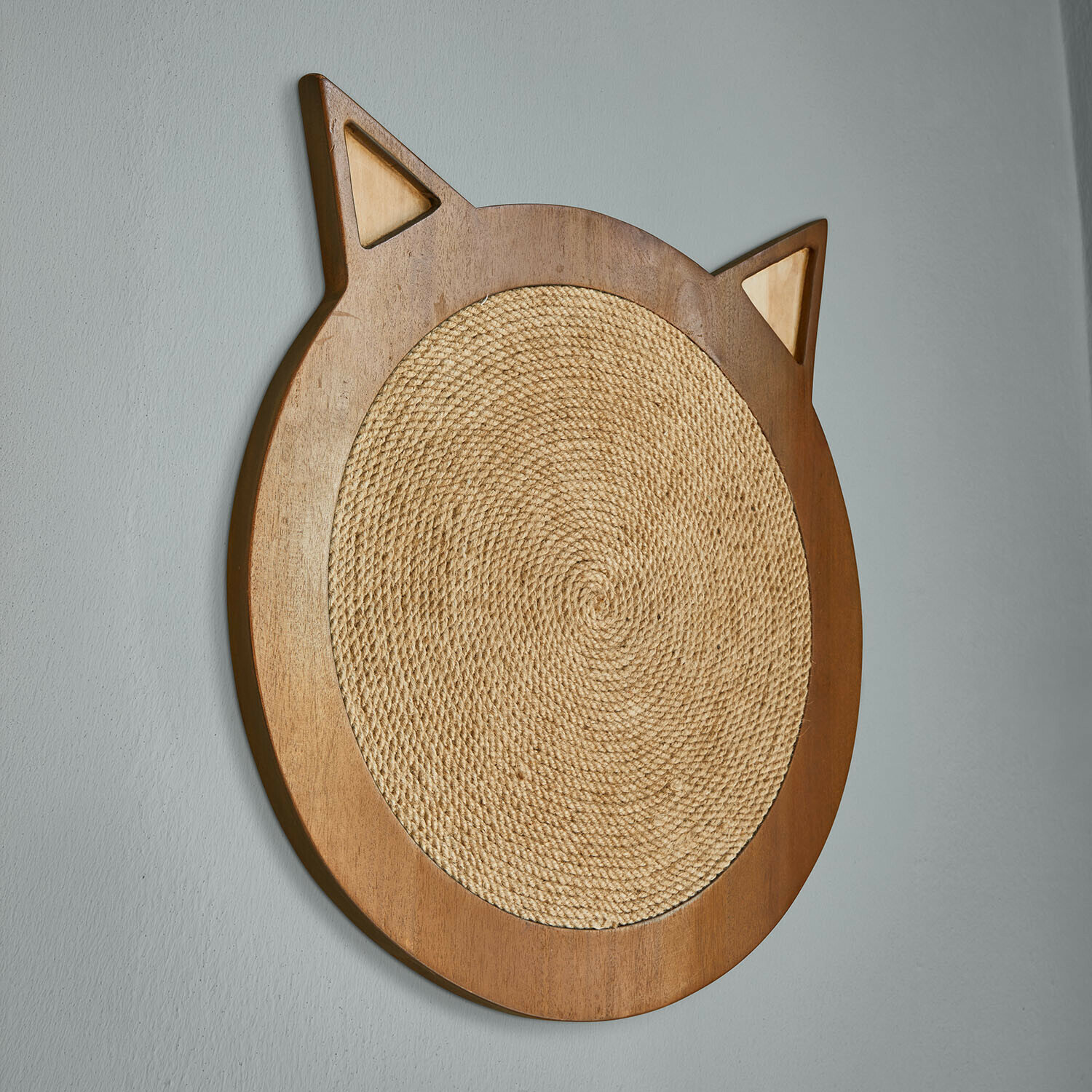 Rascador decorativo Tapsino Rascador redondo para gatos de madera y cuerda natural con forma de cabeza de gato