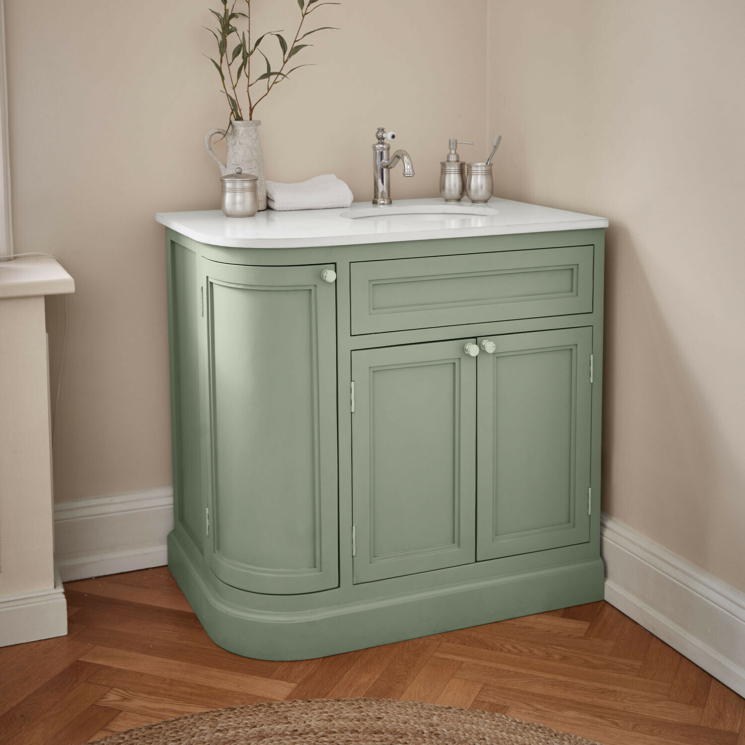 Mueble de baño Léonvelle Mueble de baño verde con encimera blanca y grifo cromado, diseño elegante y funcional
