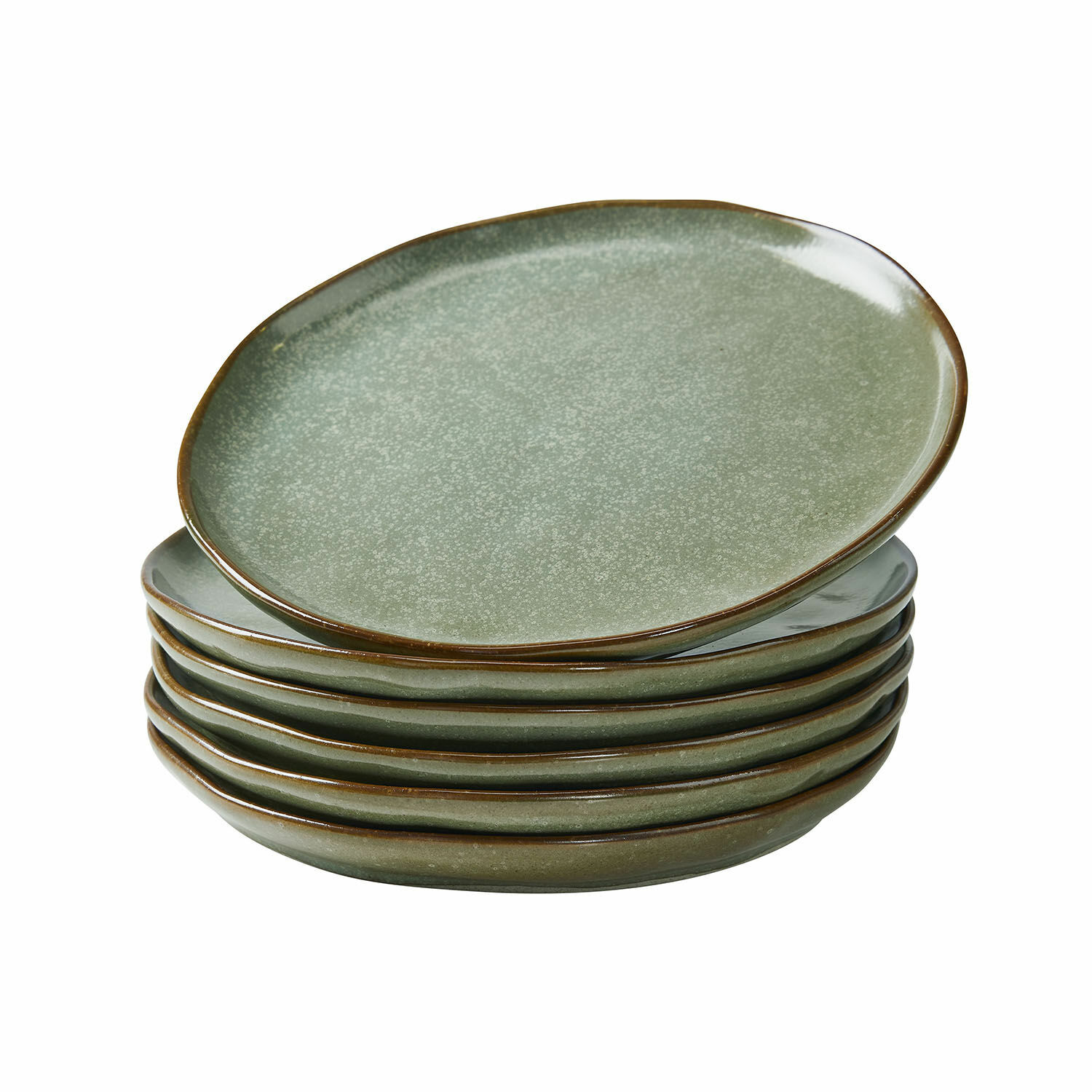 Set de 6 platos de postre Biarré Juego de seis platos de cerámica verde con borde marrón para servir comidas