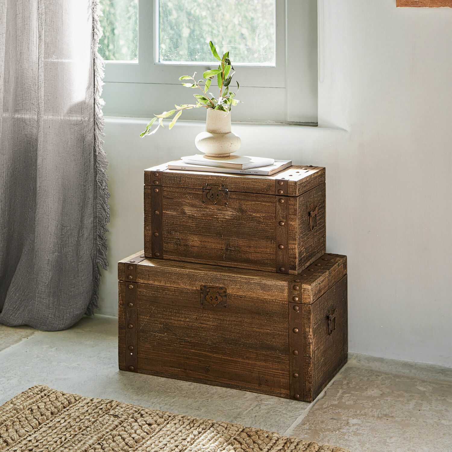 Set de 2 baúles Pratt Cofres de madera marrón con herrajes metálicos, estilo rústico para almacenamiento y decoración