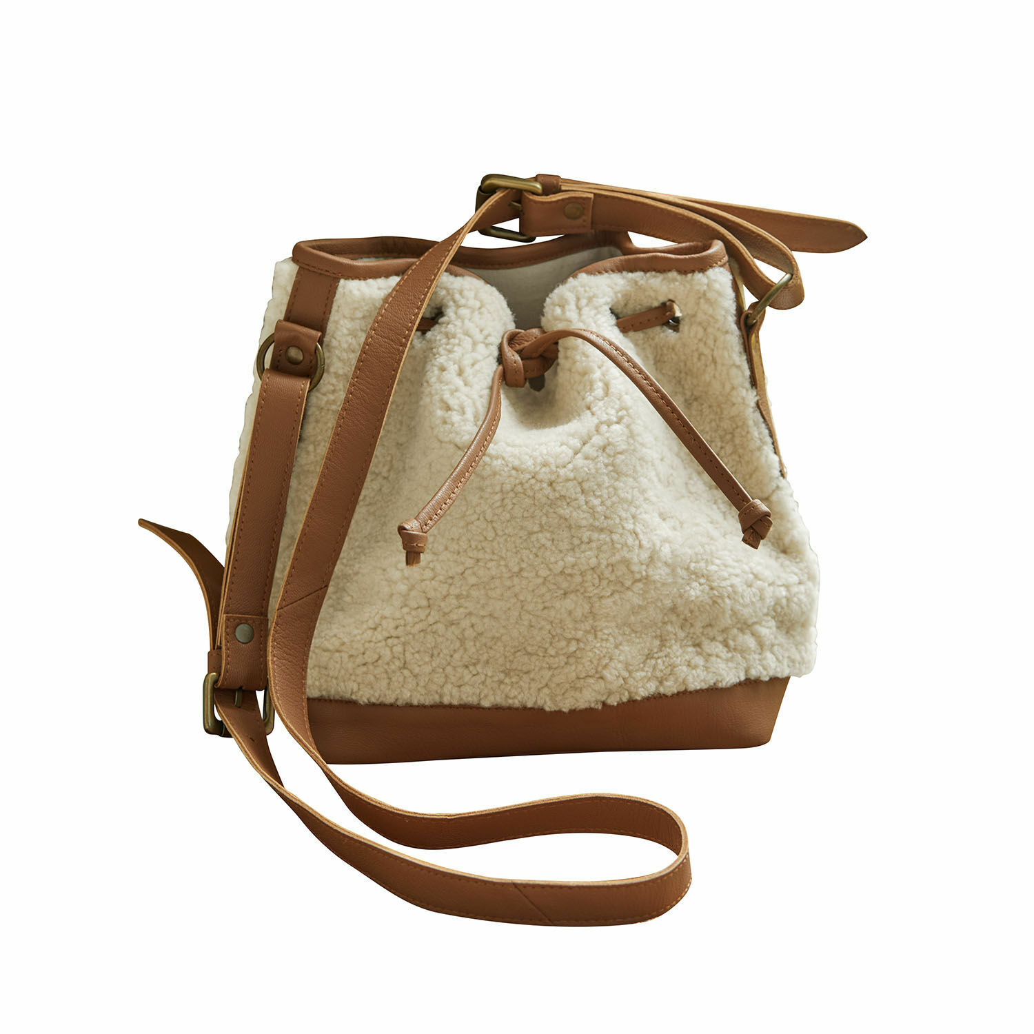 Bolso Bellaros Bolso bandolera de pelo sintético beige y piel marrón con correa ajustable