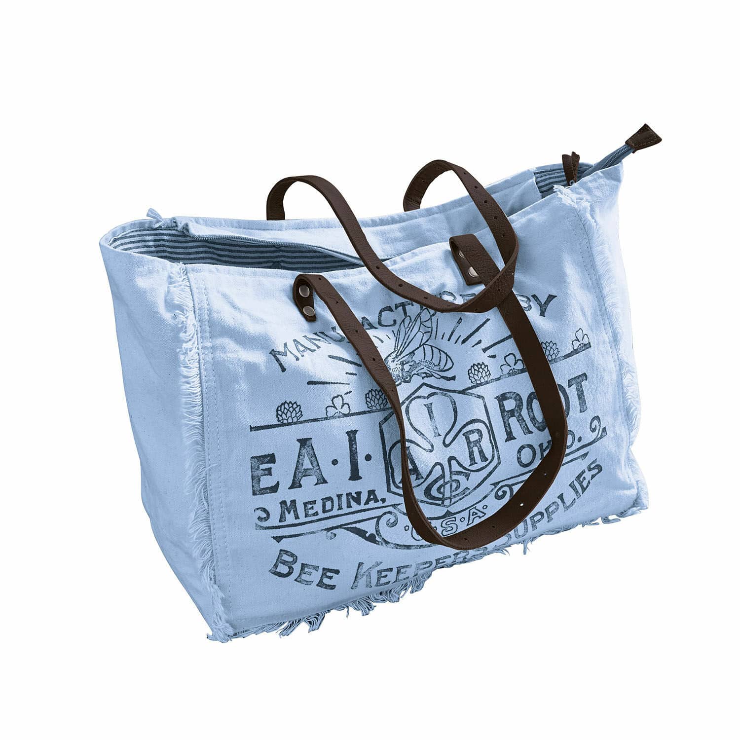 azul/marrón Bolsa CLOE de algodón azul con asas de cuero marrón y estampado vintage para uso diario