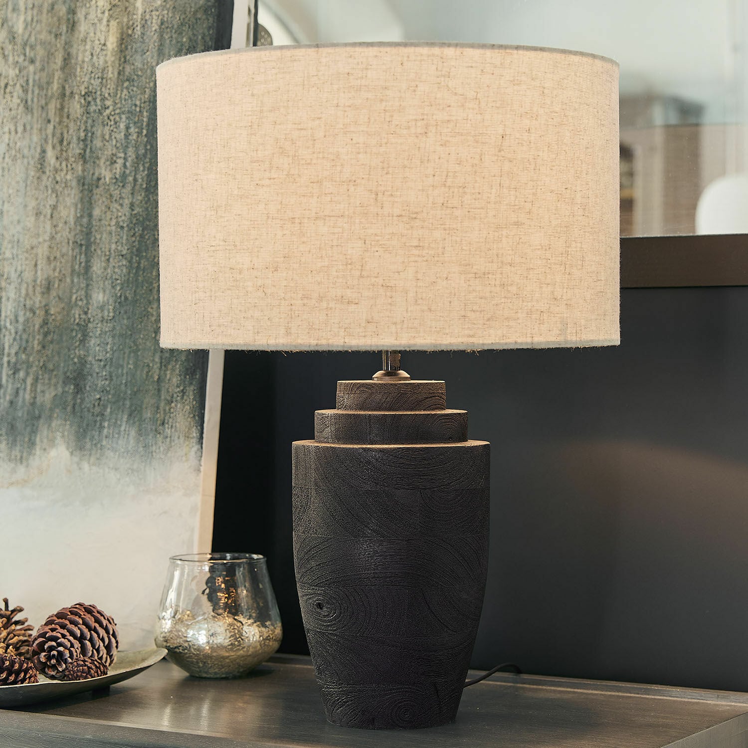 Lámpara de mesa Daphielle Lámpara de mesa de madera negra con pantalla beige, iluminación interior, decoración de salón