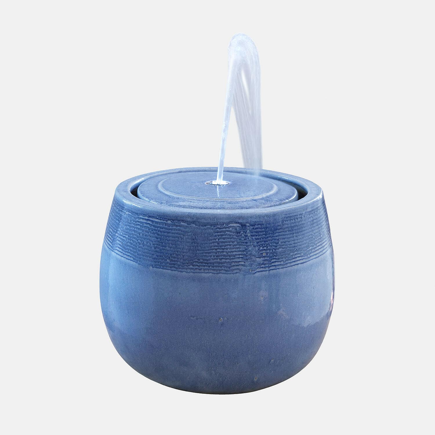 Fuente de cerámica azul con chorro de agua central, decoración para jardín