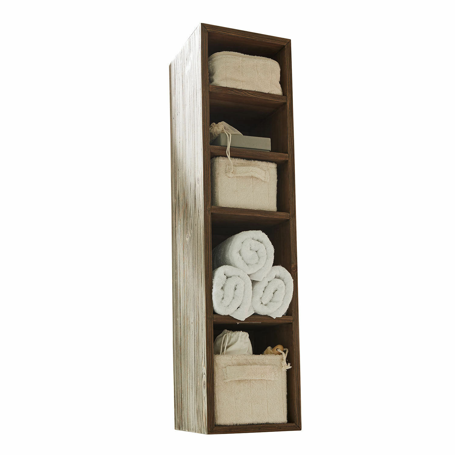 Estante de pared Greenhaven Estantería de madera con cinco compartimentos, cestas beige y toallas blancas para almacenamiento